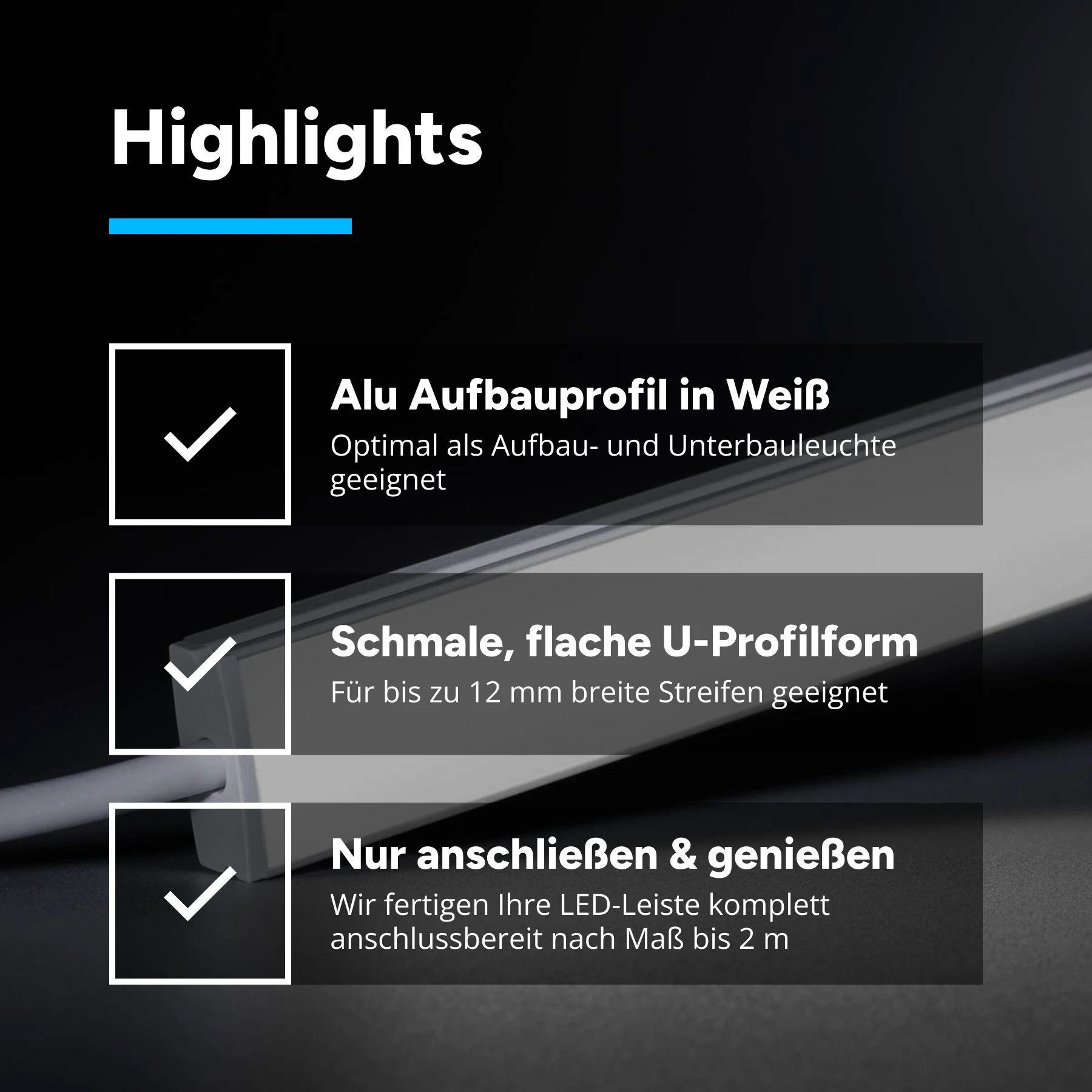 24V White Line Slim Aluminium LED Leiste - COB - weiß - diffuse Abdeckung - 33cm - 144 LED Chips - 4 Watt - 360 Lumen - kein Anschlußkabel zum Netzteil - mit Ausgangskabel (zum Anschluss einer weiteren LED Leiste)