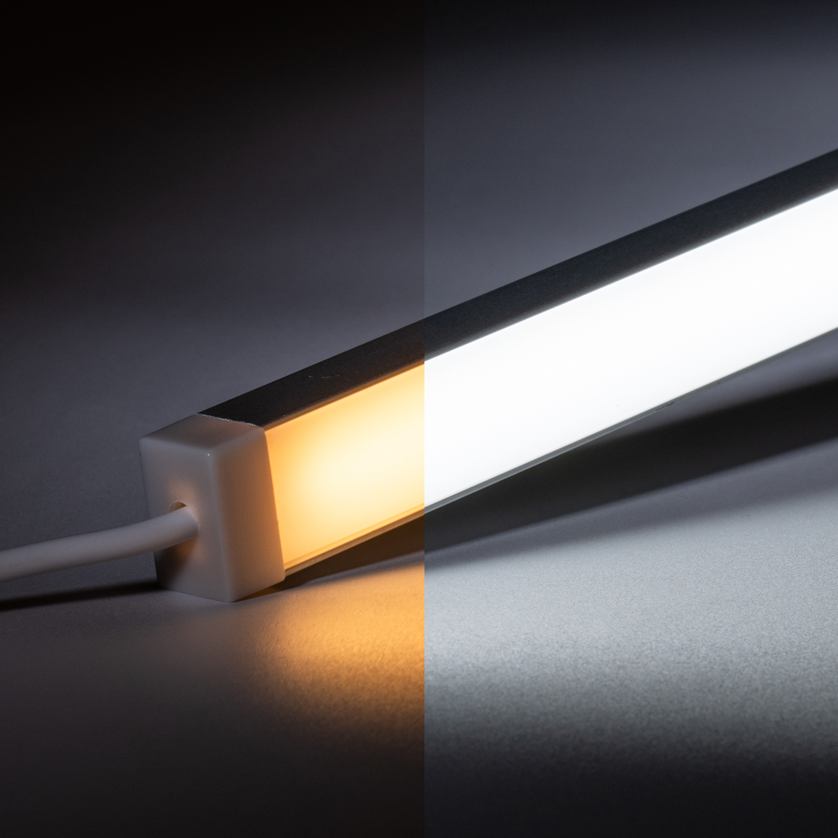 24V wasserfeste Aluminium COB LED Leiste - Farbtemperatur einstellbar - diffuse Abdeckung - IP65 - 33cm - 182 LED Chips - max. 6,6 Watt - 660 Lumen - 100cm Eingangskabel mit offenen Enden - ohne Ausgangskabel (geschlossene Endkappe)