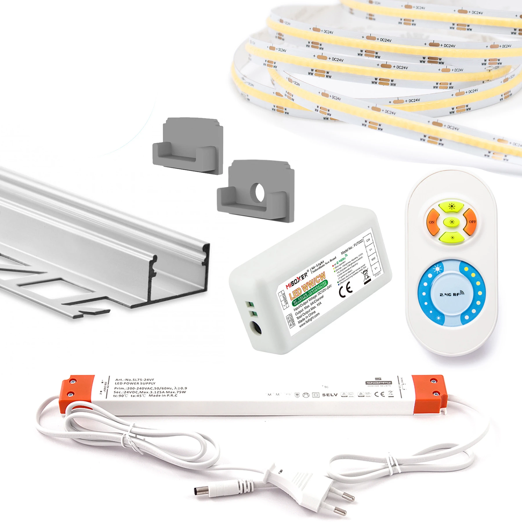 5m Komplett-Set Aluminium Fliesenabschluss Profil mit 24V COB LED Streifen