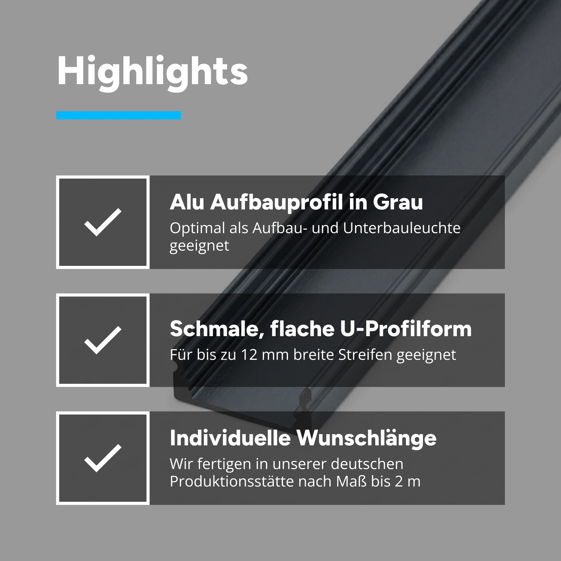 graues Aluminium LED Aufputz Profil, slim, 1,72 x 0,7 x 15cm - ohne Abdeckung - ohne Endkappen