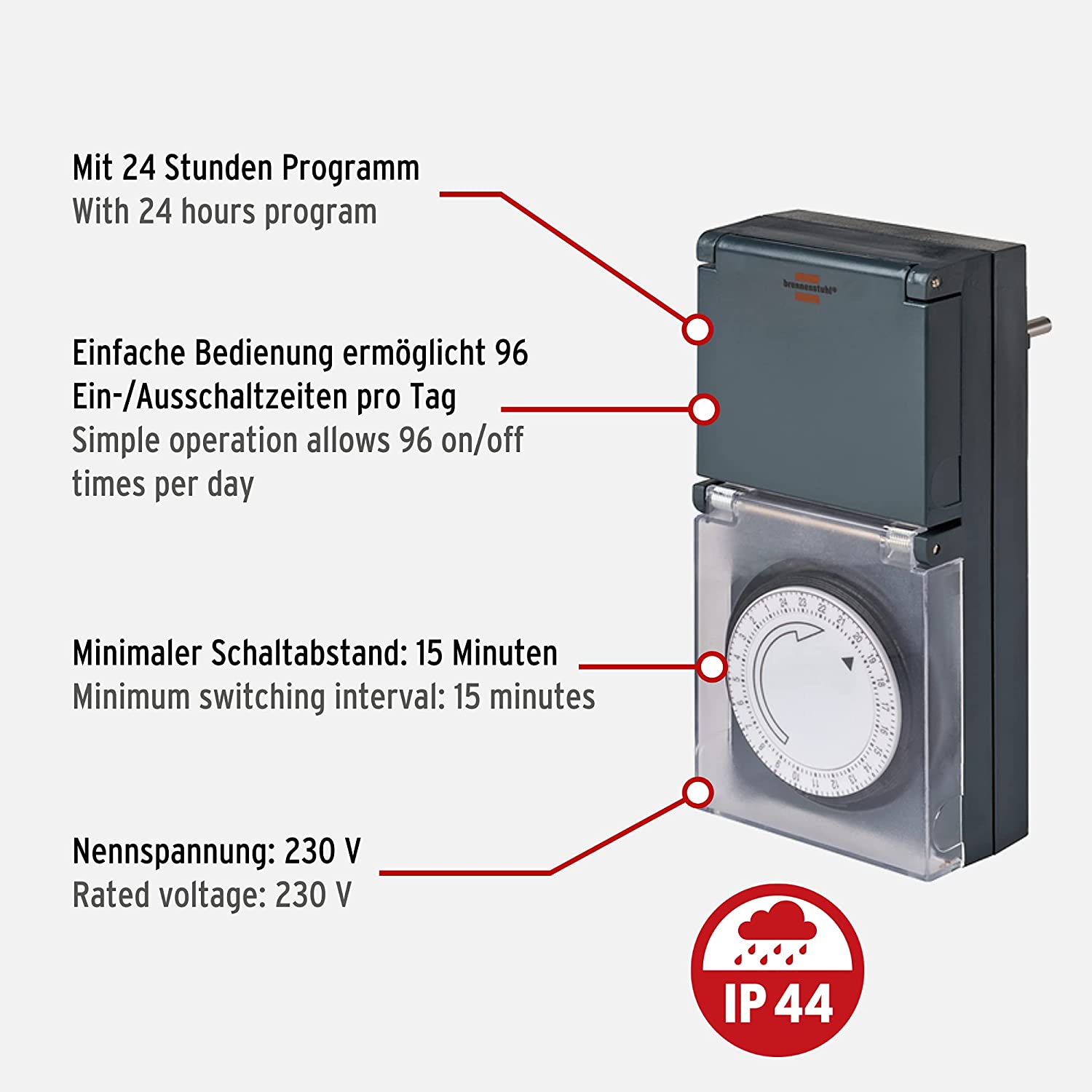 Brennenstuhl Zeitschaltuhr, analog außen + innen, IP44 geschützt, mit Schutzabdeckung