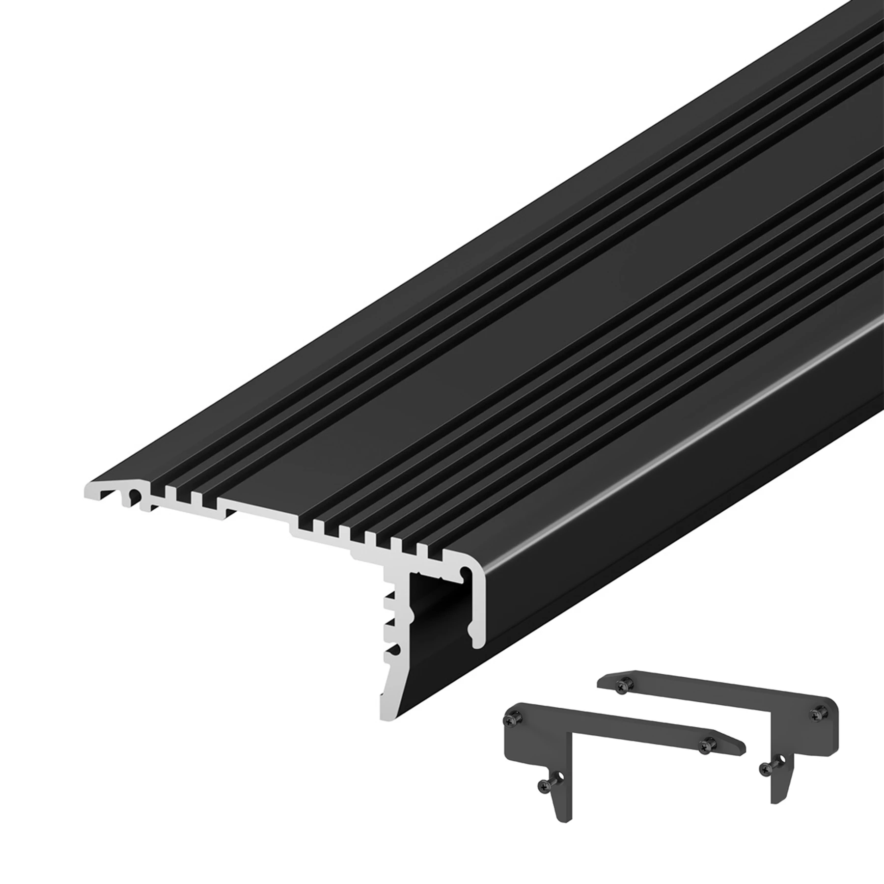 schwarzes Aluminium LED Treppen Profil, P12-2, 5,4 x 2,39 x 50cm - ohne Abdeckung - 2er Set - beidseitig ohne Loch