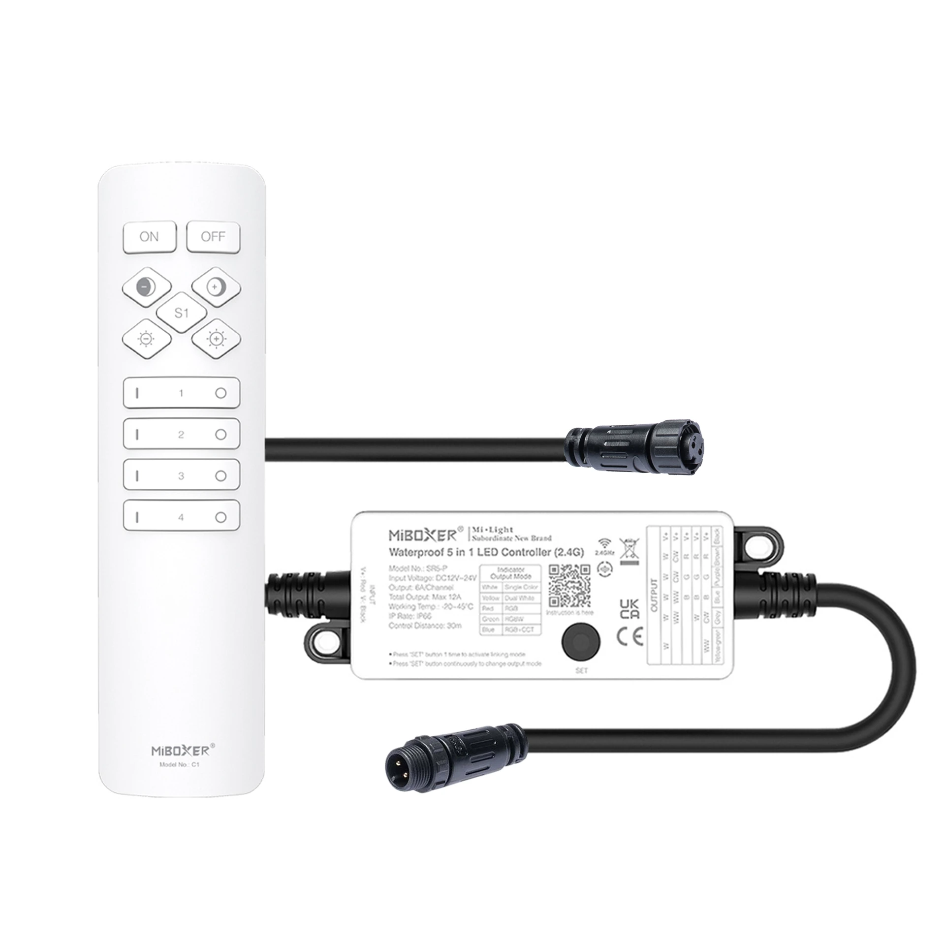 Plug & Play LED Funk Controller Set - 4 Zonen - 1 Kanal - Fernbedienung (2,4 GHz)-IP66 - 1 Zone = 1 Fernbedienung und 1 Controller