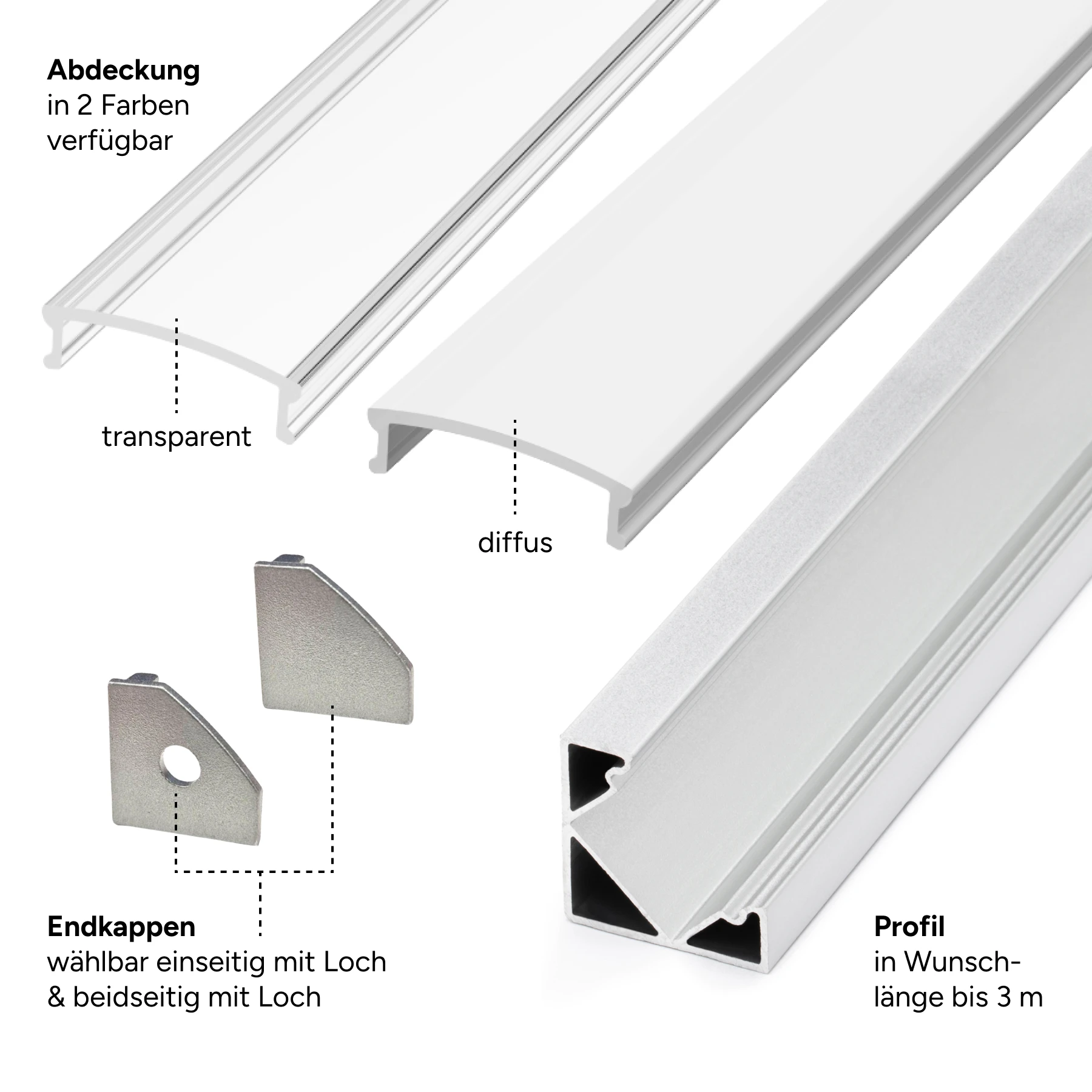 Aluminium LED Eck Profil, 90°, 1,85 x 1,85 x 50cm - mit diffuser Abdeckung - 2er Set - einseitig mit Loch