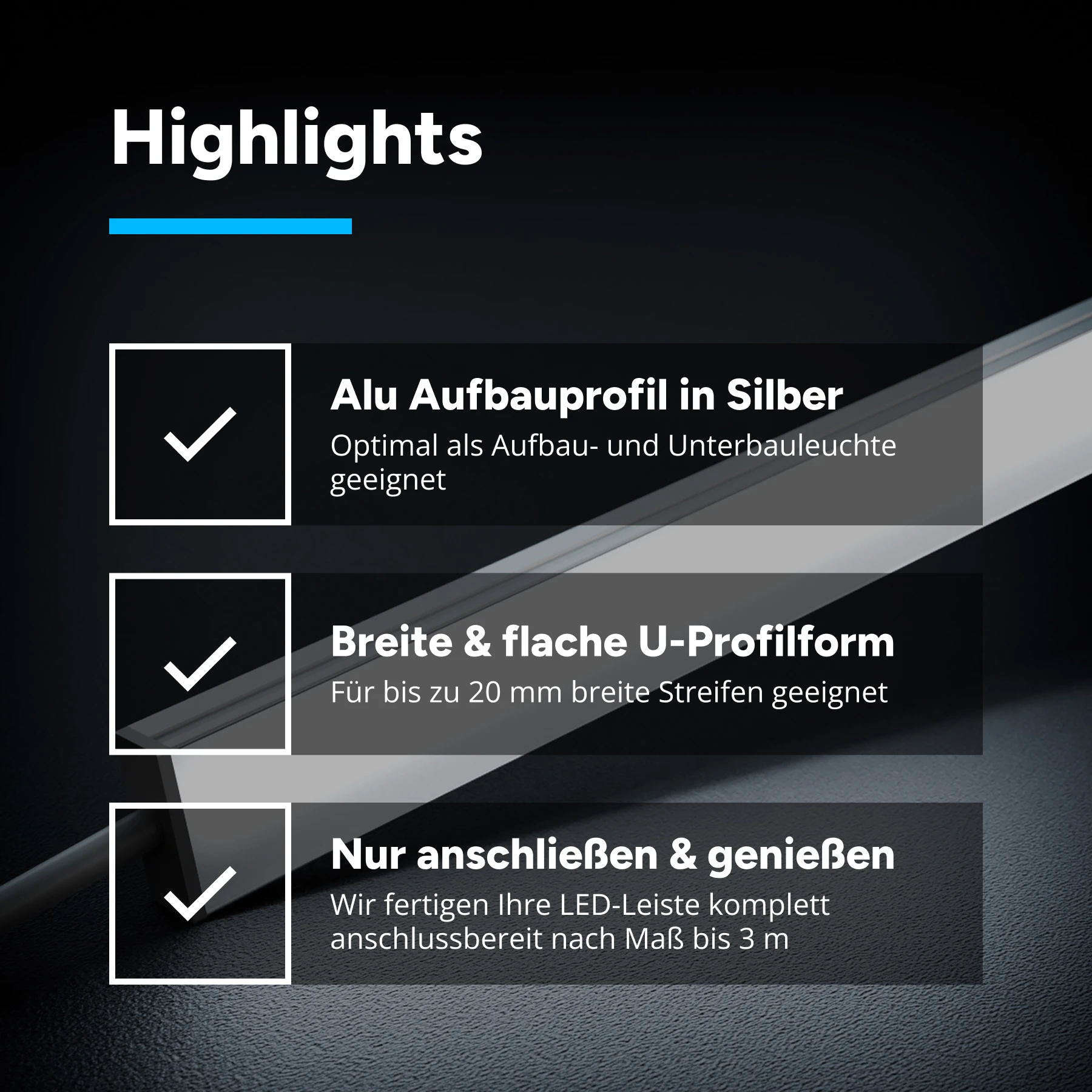 24V High Power Aluminium LED Leiste - weiß - diffuse Abdeckung - bis 3m Länge - 120cm - 281 High Power LEDs - 22,5 Watt - 3732 Lumen - kein Anschlußkabel zum Netzteil - mit Ausgangskabel ( zum Anschluss einer weiteren LED- Leiste )