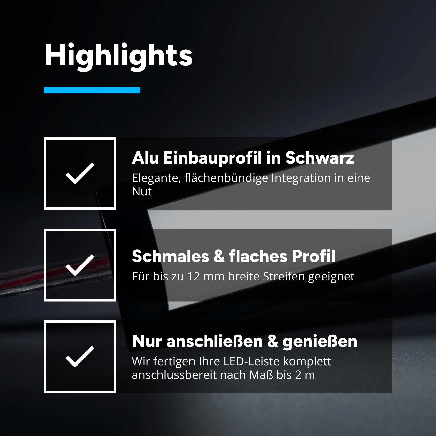 24V Black Line Aluminium Einbau LED Leiste - COB - weiß - diffuse Abdeckung - 33cm - 144 LED Chips - 4 Watt - 360 Lumen