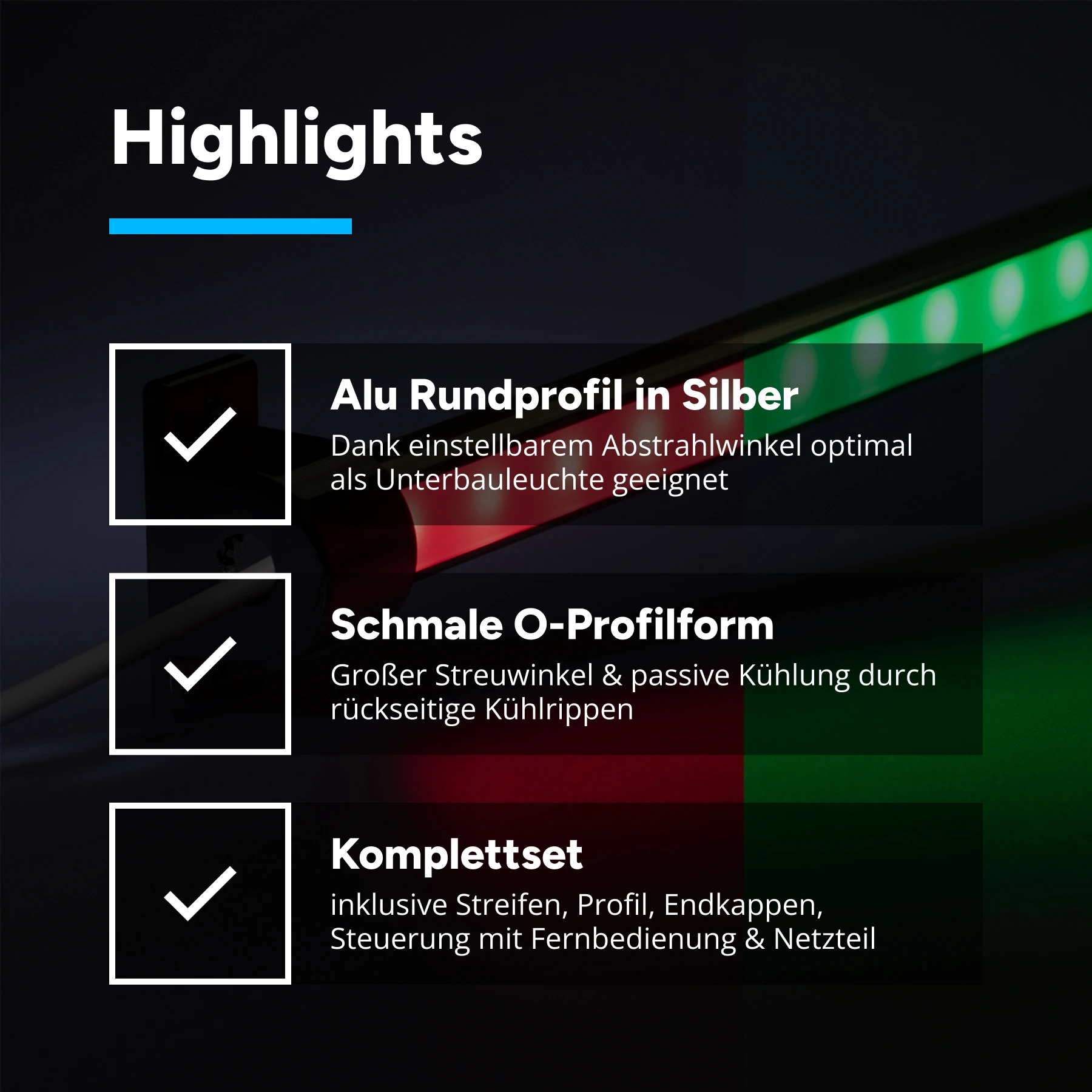 wasserfestes 24V LED Leisten Set mit Fernbedienung und Netzteil, 50cm Länge, Lichtfarbe RGB, IP65