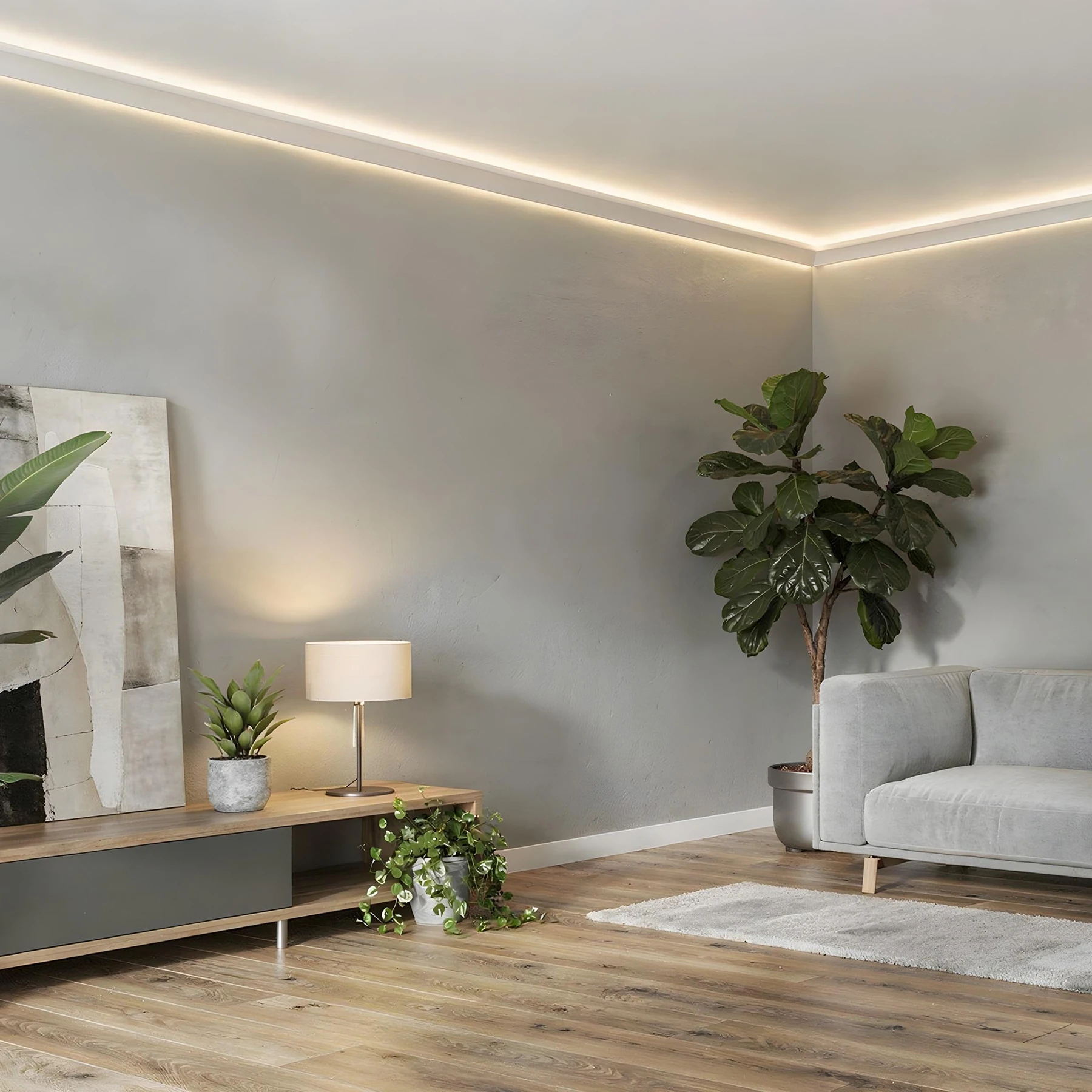 Lichtvouten Set, Dekorleiste, Stuckprofil mit 48V LED Streifen, Fernbedienung und Netzteil - 4 Meter fortlaufend - Warmweiß 2700K