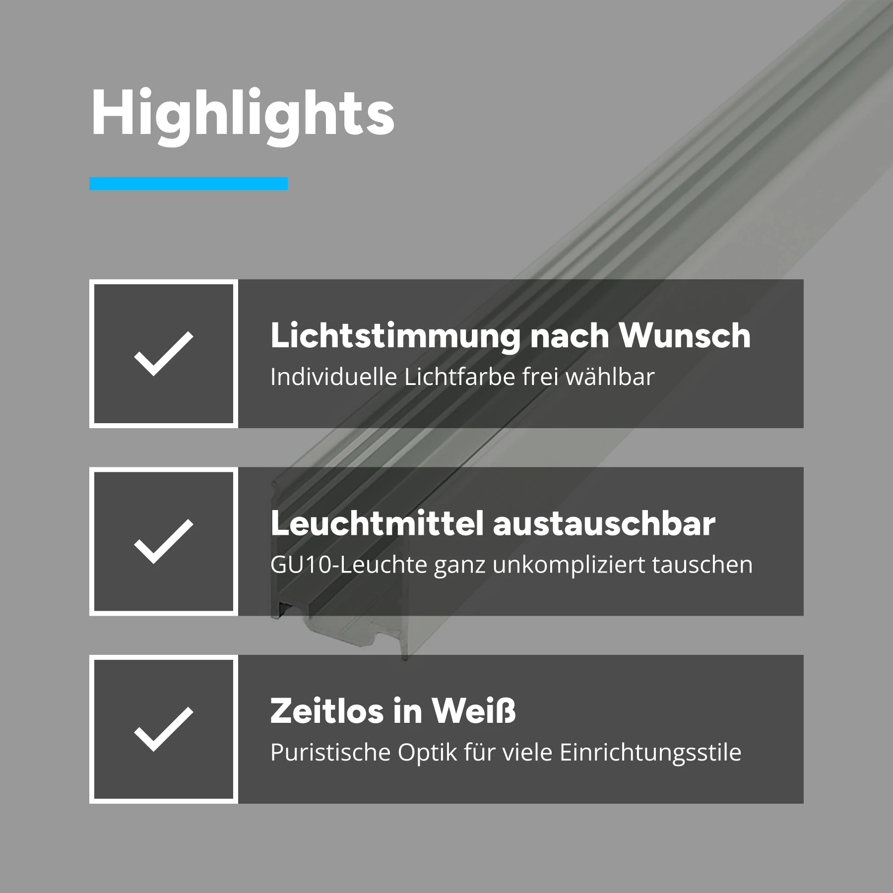 Aluminium LED Profil für 16 x 15mm Neon Streifen, 1,9 x 1,8 x 15cm