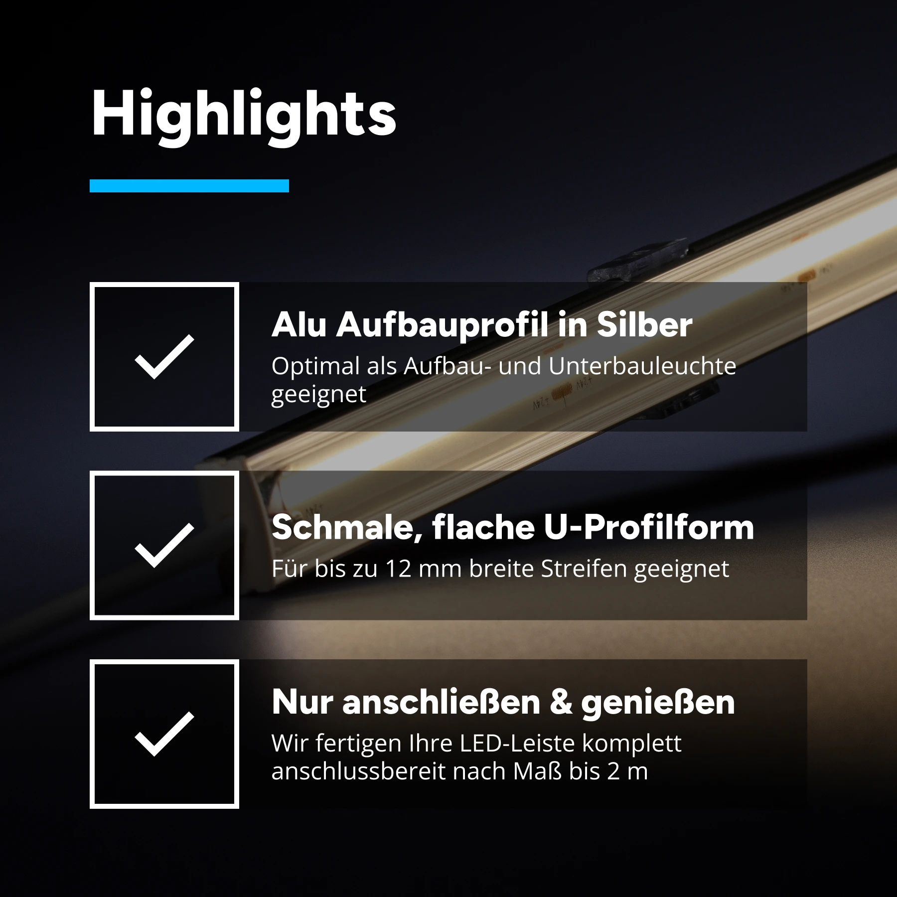 24V Slim-Line Aluminium LED Leiste - COB - weiß - transparente  Abdeckung - kein Anschlußkabel zum Netzteil - 33cm - 144 LED Chips - 4 Watt - 360 Lumen