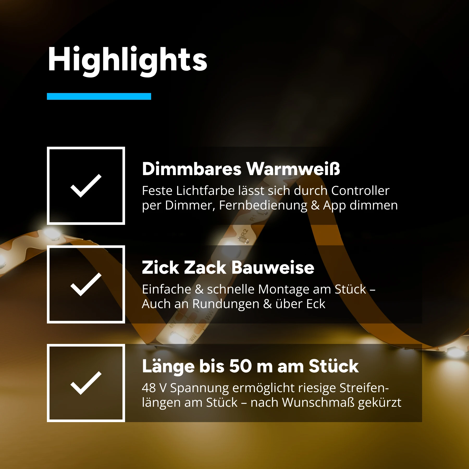 48V Zick Zack LED Streifen - warmweiß - 72 LEDs je Meter - alle 16,7cm teilbar - 16,7cm - 12 LED Chips - 2 Watt - 150 Lumen - mit 50cm Eingangskabel