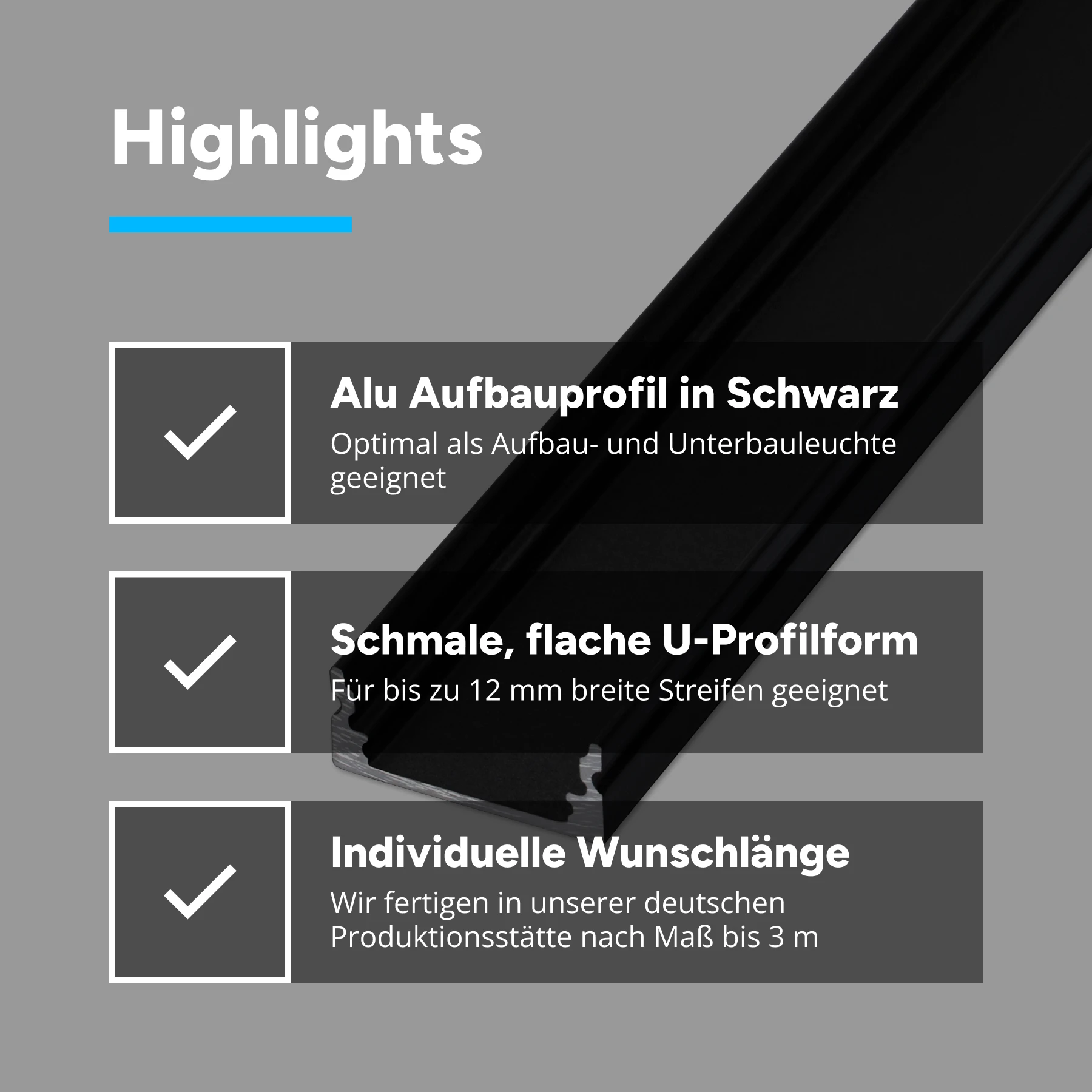 schwarzes Aluminium LED Aufputz Profil, slim, 1,71 x 0,8 x 15cm - ohne Abdeckung - ohne Endkappen