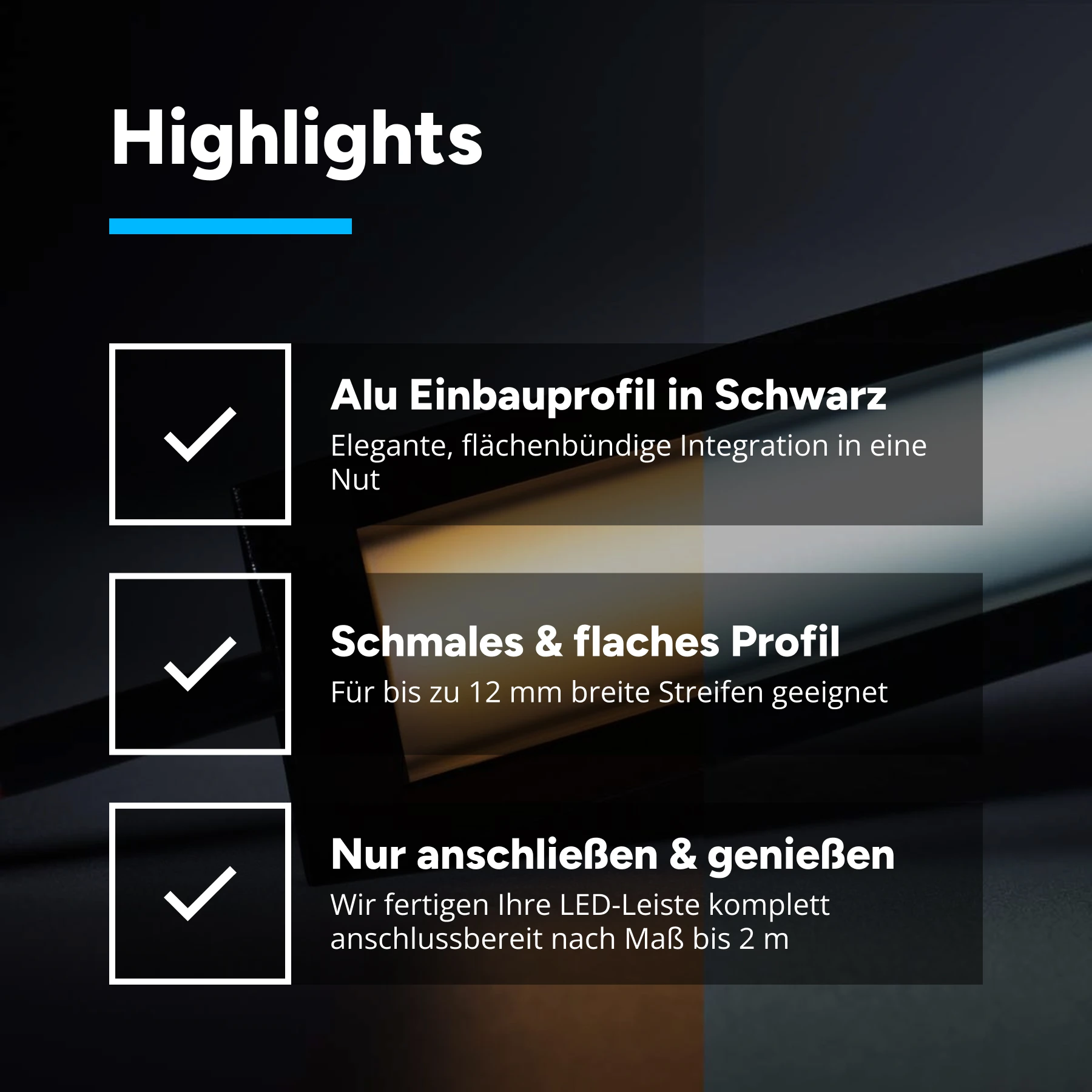 24V Black Line Aluminium Einbau LED Leiste - schmal - COB - Farbtemperatur einstellbar - schwarze Abdeckung - 45,5cm - 258 LED Chips - max. 9,4W - 935 Lumen