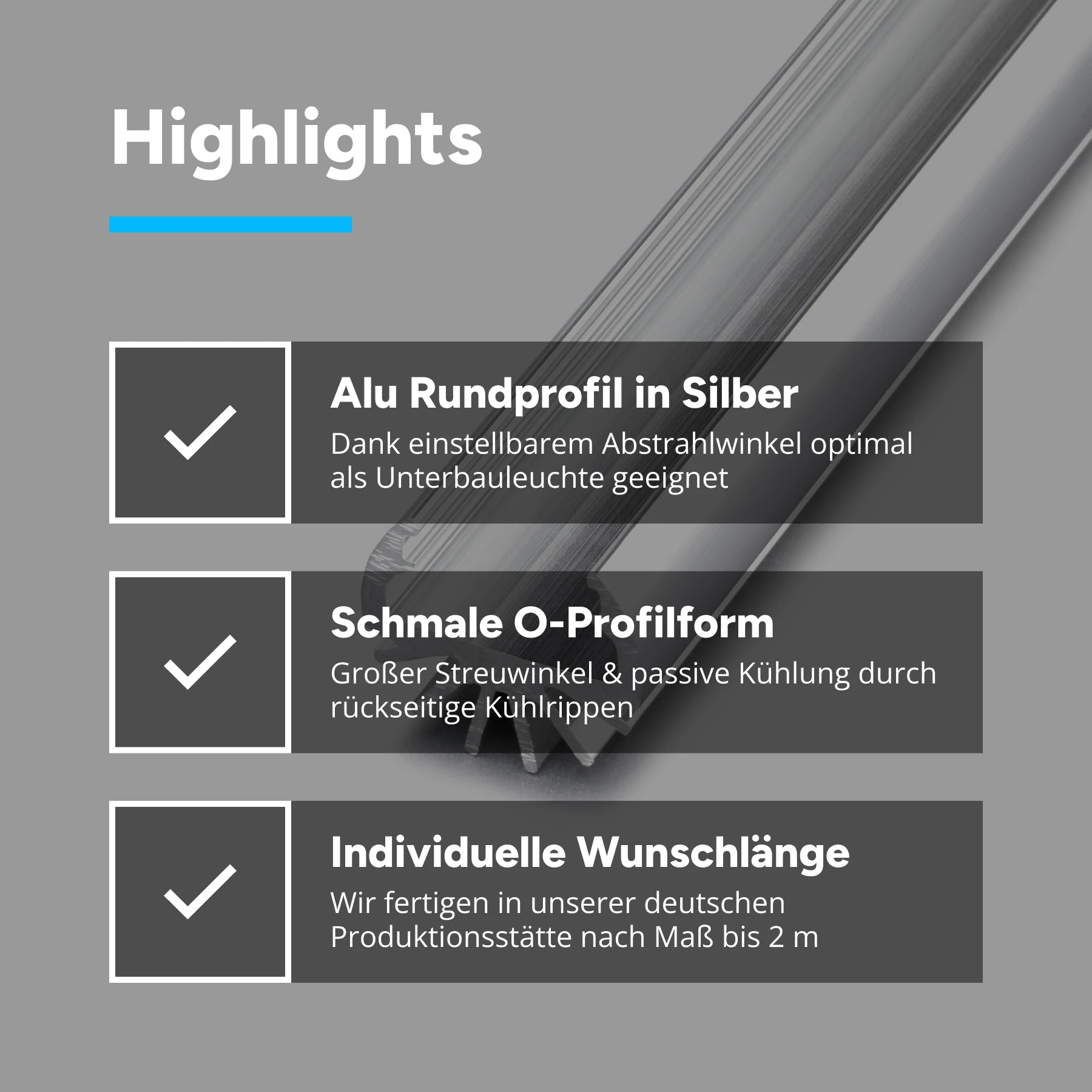 Aluminium LED Rund Profil, select, diffuse Abdeckung, 1,6cm x 1,38cm 100cm Länge