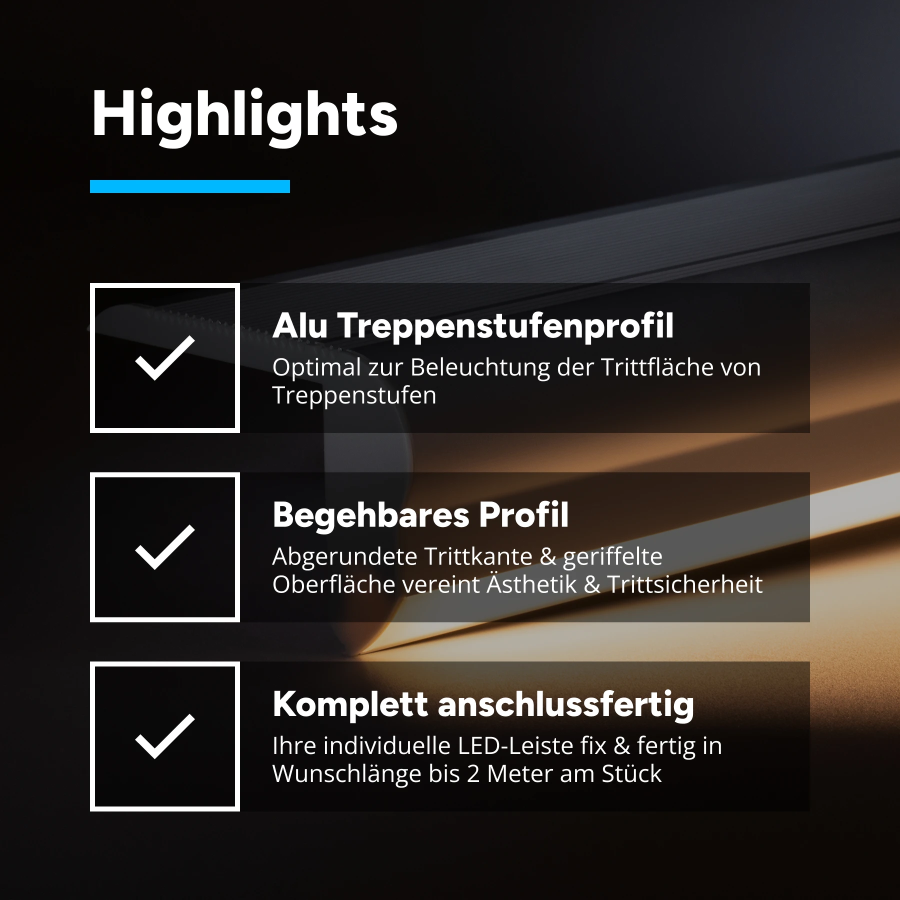 24V Aluminium Treppenstufen LED Leiste - warmweiß - diffuse Abdeckung - 53cm mit  70 SMD LEDs - 10Watt - 840Lumen