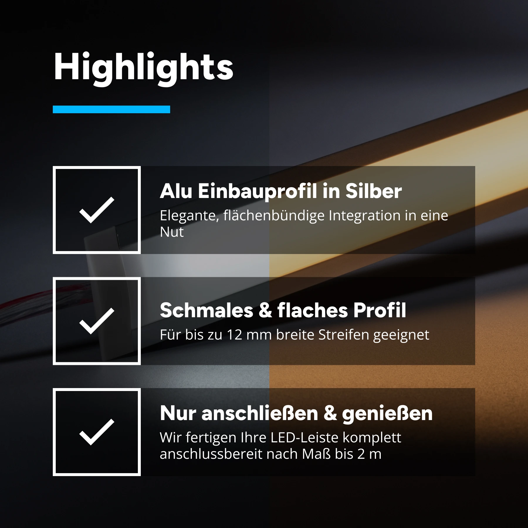 24V Aluminium Einbau LED Leiste - schmal - COB - Farbtemperatur einstellbar - diffuse Abdeckung - 193cm - 1155 LED Chips - max. 41,8W - 4180 Lumen