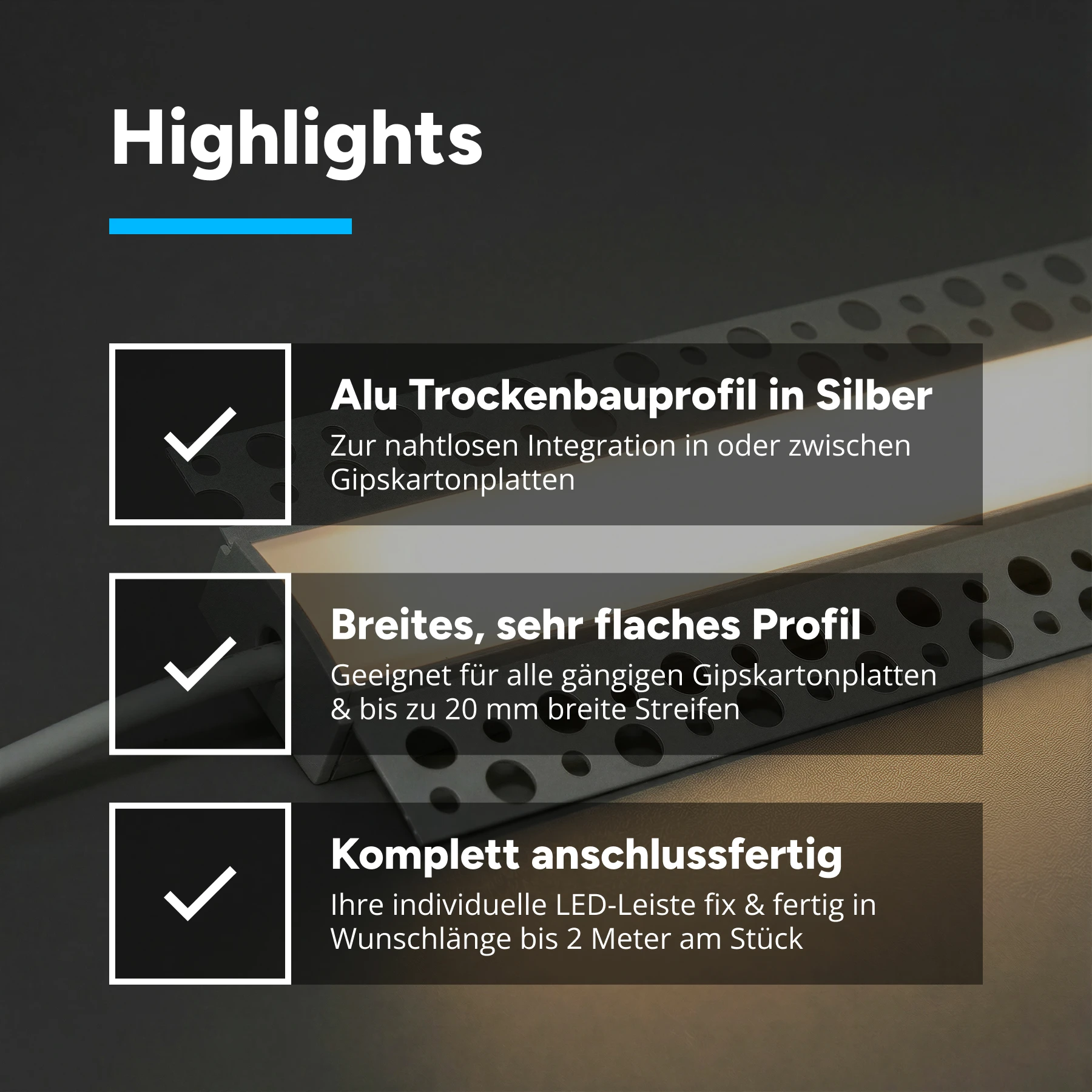 24V Aluminium Trockenbau High Power LED Leiste - warmweiß - diffuse Abdeckung - 36cm - 80 High Power LEDs - 6,4 Watt - 1047 Lumen