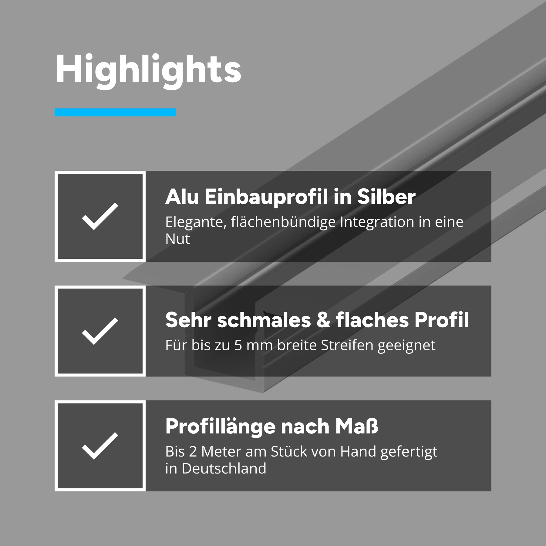 Aluminium LED Einbauprofil, P6-4, 1,7 x 0,63 x 15cm - ohne Abdeckung - ohne Endkappen