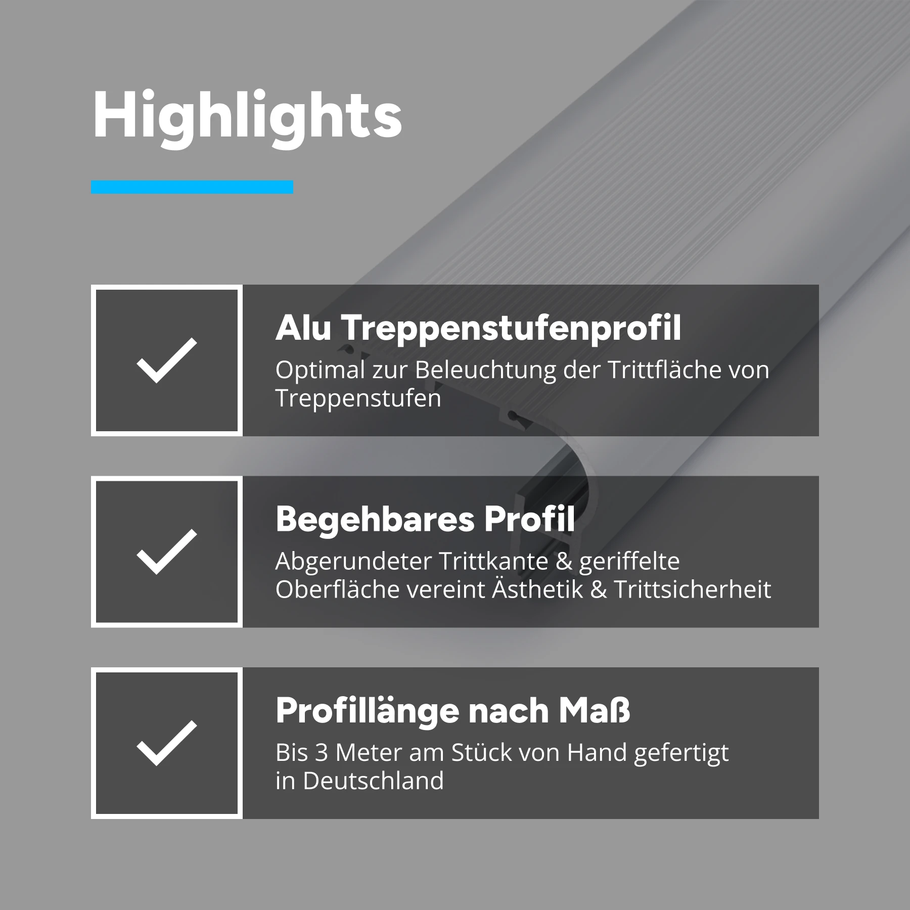 Aluminium LED Treppen Profil, round line, 8 x 5 x 15cm - ohne Abdeckung - ohne Endkappen