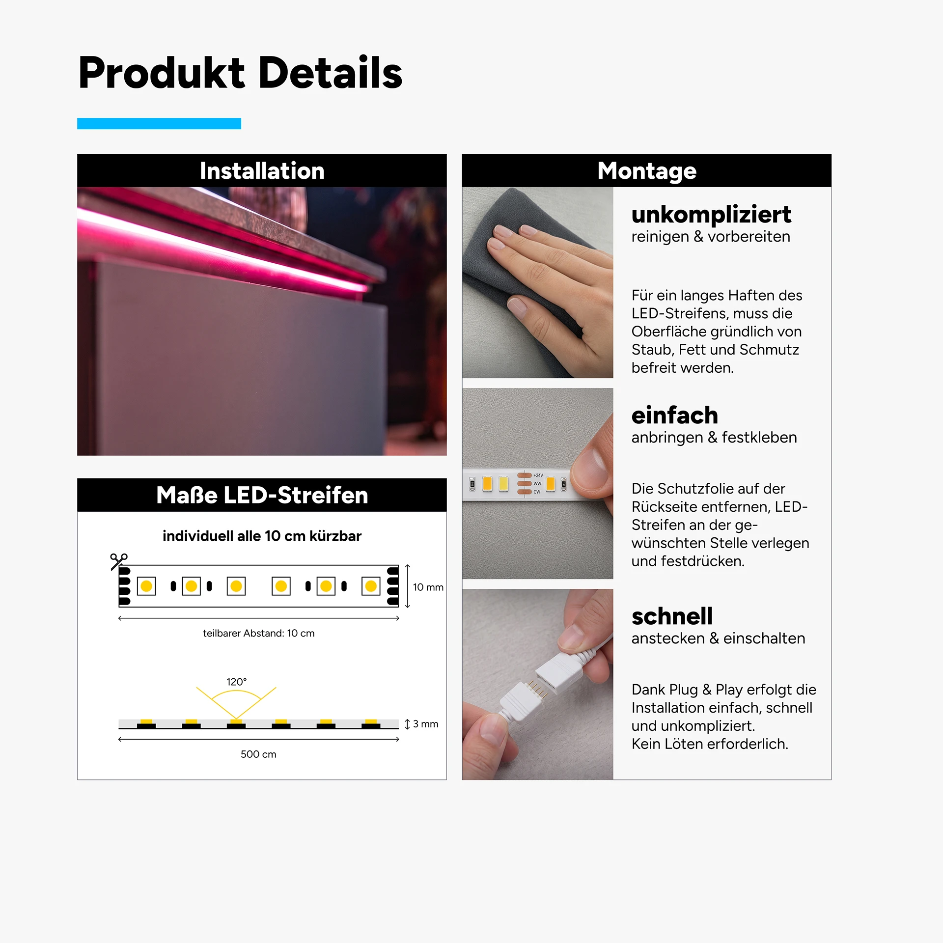24V LED Streifen Set, 500 cm, Lichtfarbe RGB, mit Netzteil und schwarzer Fernbedienung
