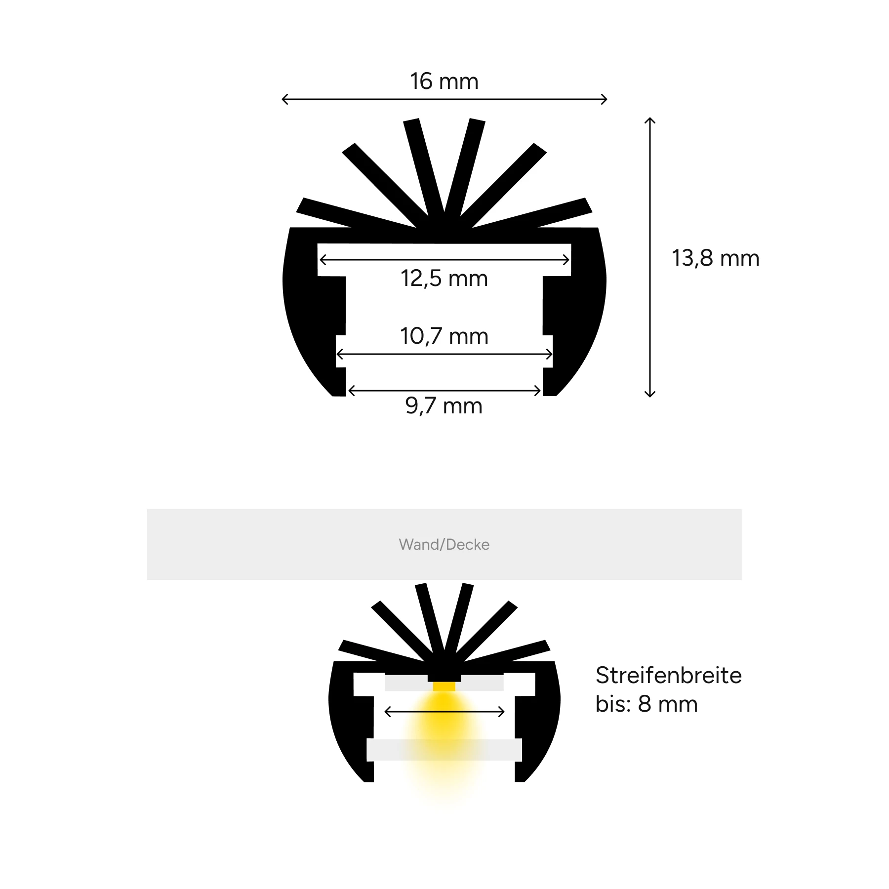 Aluminium LED Rund Profil, select, diffuse Abdeckung, 1,6cm x 1,38cm 100cm Länge