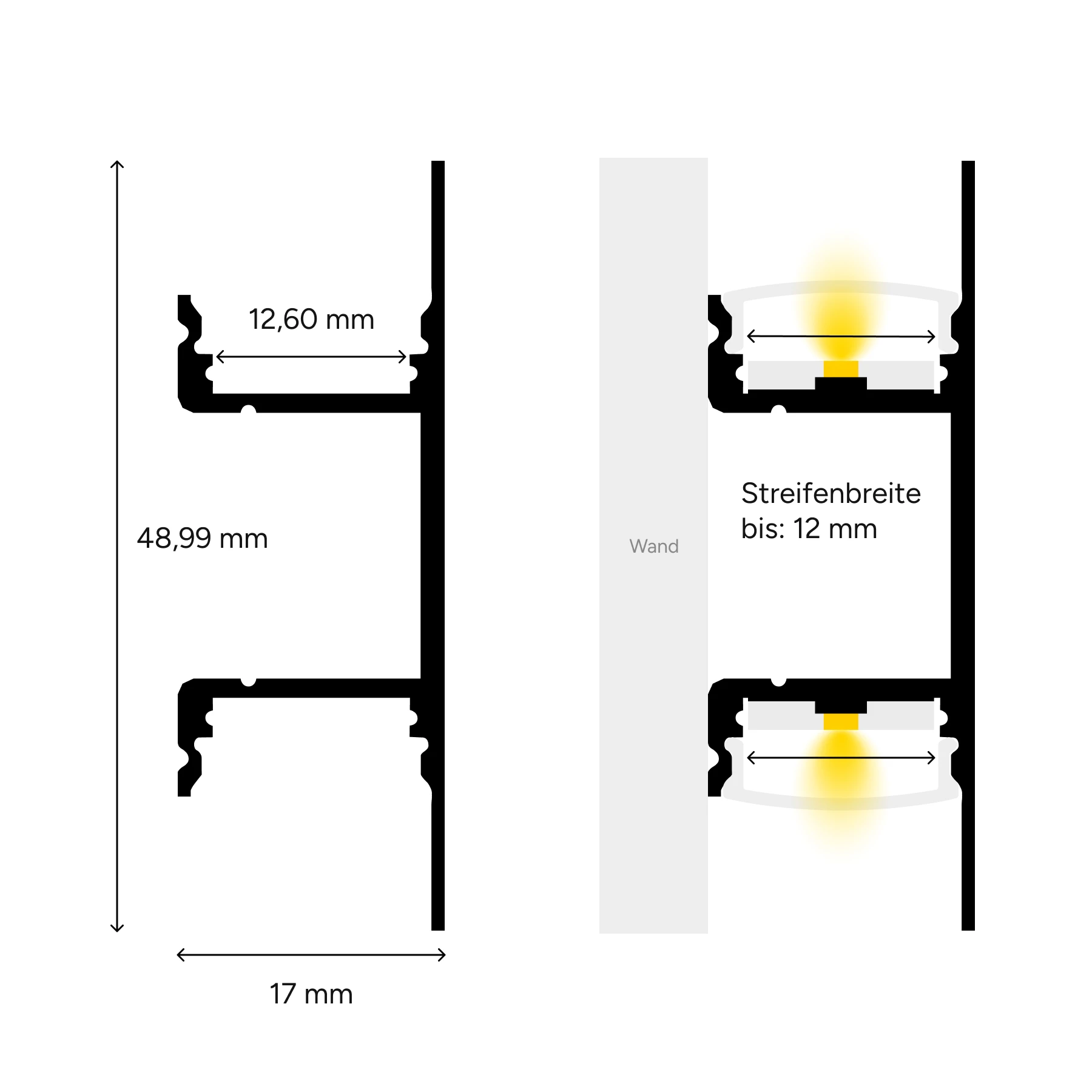 Aluminium LED Wand Profil, up / down light, 4,90 x 1,70 x 50cm - ohne Abdeckung - 2er Set - einseitig mit Loch