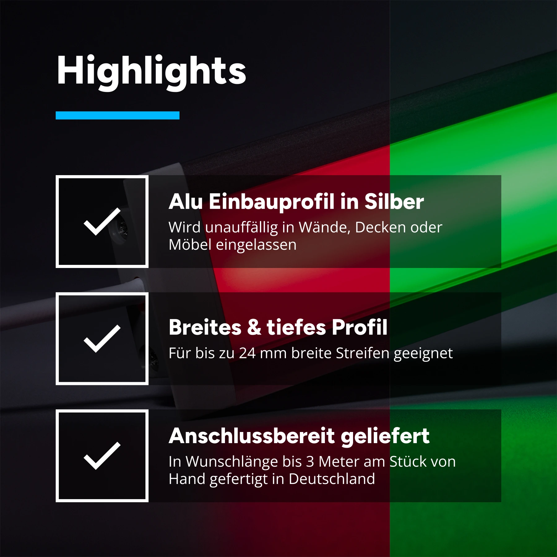 24V Aluminium Einbau COB LED Leiste - RGB - diffuse Abdeckung - bis 3m Länge - 33cm -  LED Chips - 5 Watt - 224 Lumen