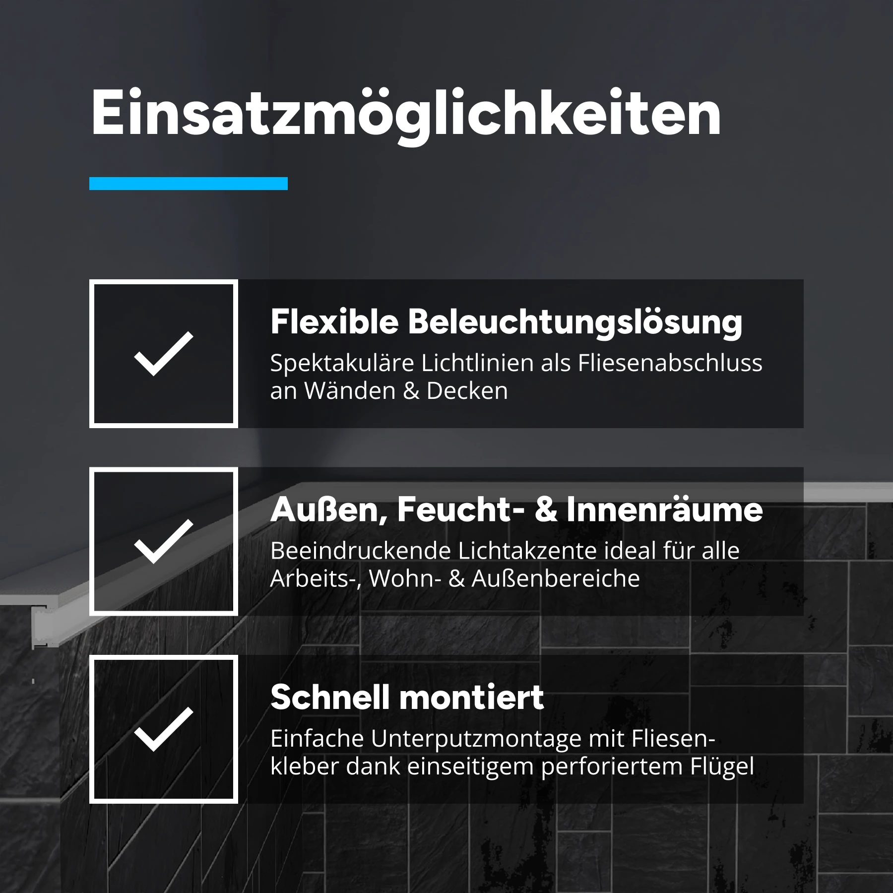 Aluminium LED Profil Fliesenabschluss, 4,1 x 1,3 x 15cm - ohne Abdeckung - ohne Endkappen