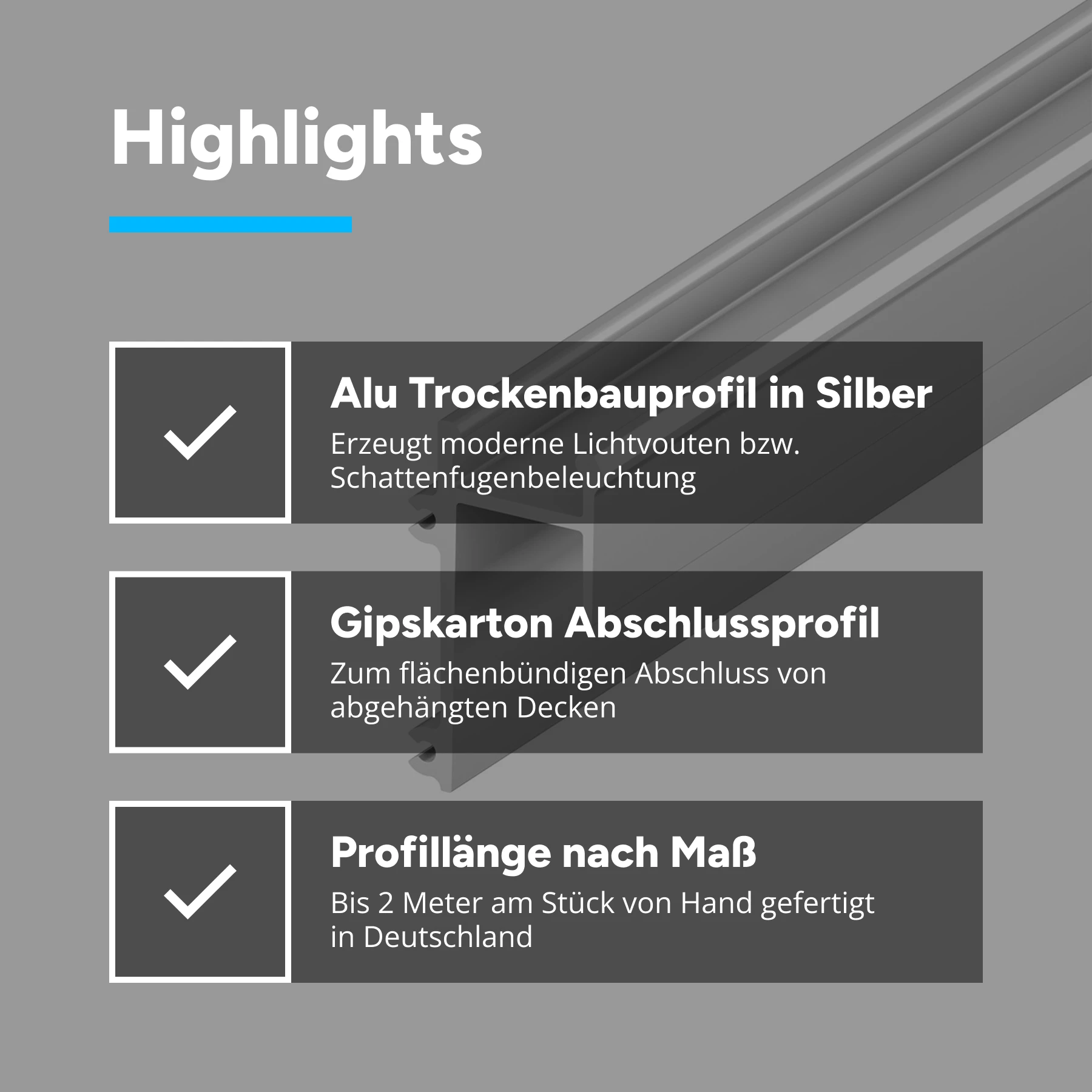 Aluminium LED Trockenbau Abschlussprofil, GK 47-2, 2,0 x 3,54 x 50cm - ohne Abdeckung - 2er Set - beidseitig ohne Loch