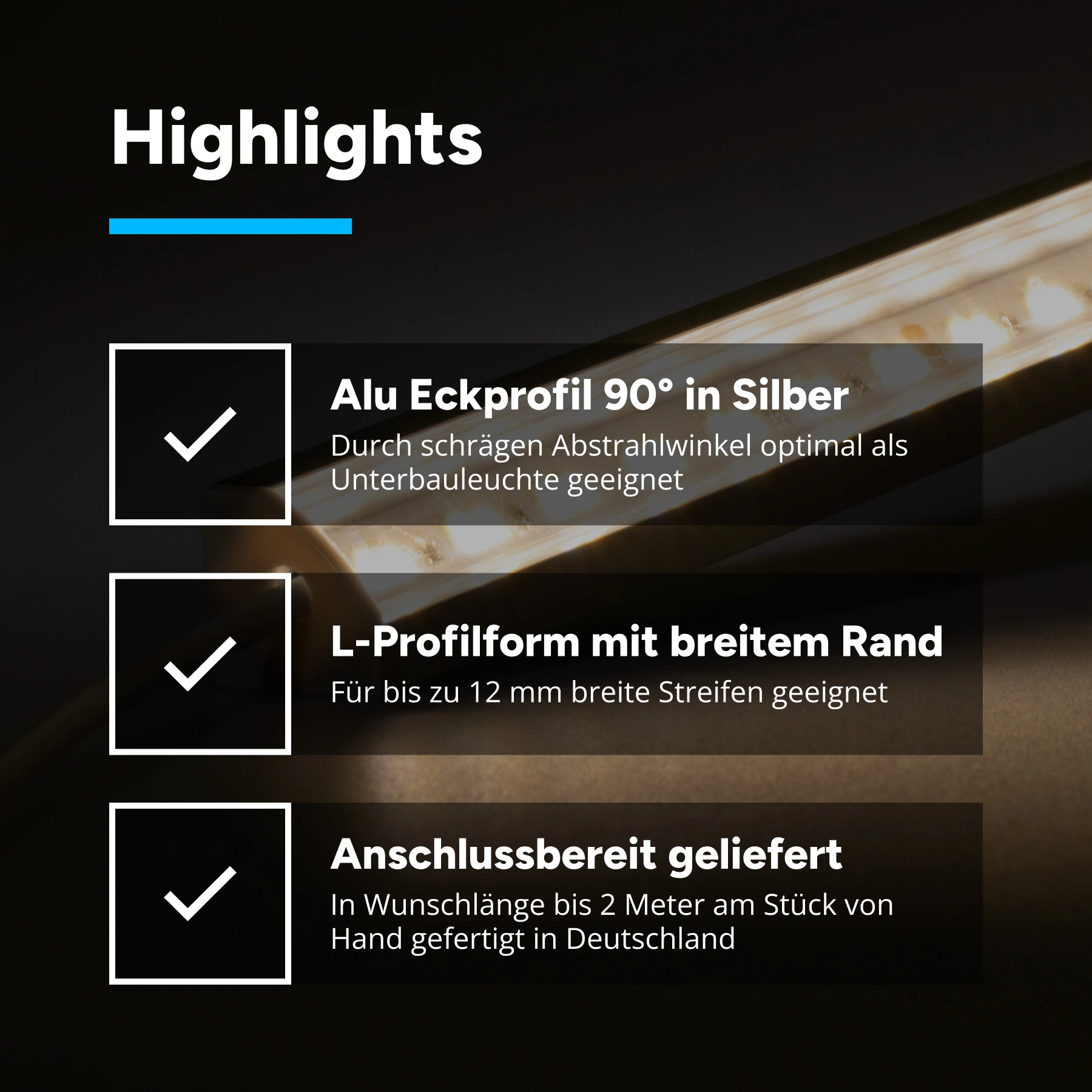 24V LED-Eckleiste mit klarer Abdeckung - neutralweiß 4000k - kein Anschlußkabel zum Netzteil - 33cm mit 42 SMD LEDs - 6 Watt 432 Lumen