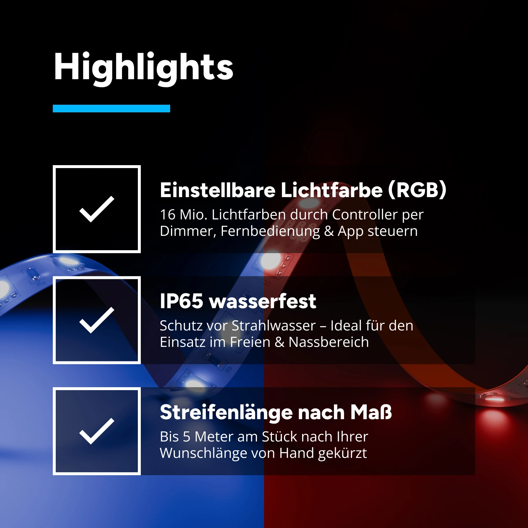24V wasserfester LED Streifen - RGB - IP65 - 120 LEDs je Meter - alle 5cm teilbar - 20cm - 12 LED Chips - 3 Watt - 100 Lumen - 20cm Eingangskabel Plug & Play wasserfest 5polig