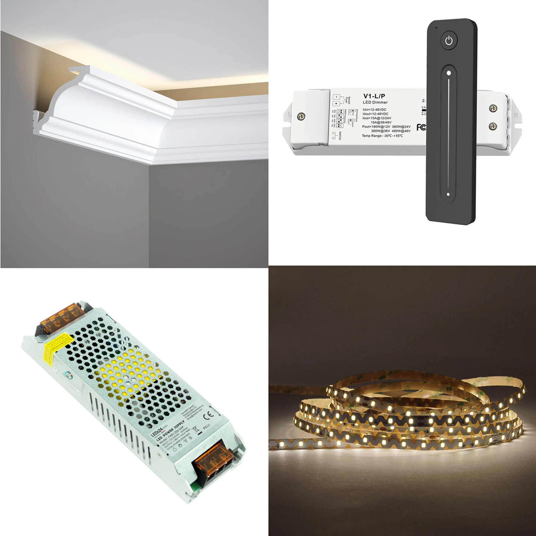 Lichtvouten Set, Gardinenleiste, Stuckprofil mit 48V LED Streifen, Fernbedienung und Netzteil - 2 Meter fortlaufend - Neutralweiß 4000K