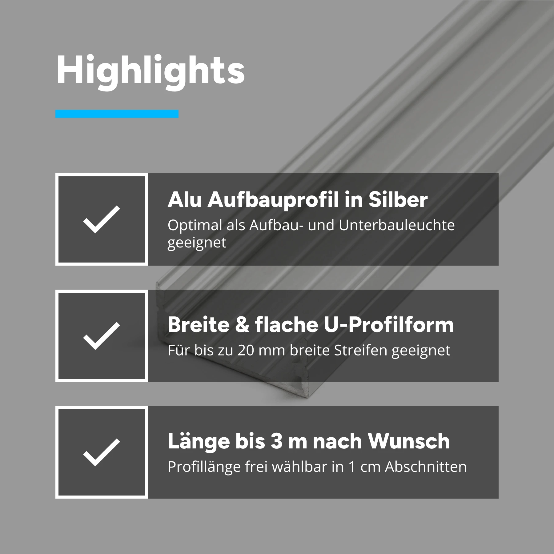 Aluminium LED Aufputz Profil, ideal, 2,35 x 1,0 x 15cm - ohne Abdeckung - ohne Endkappen