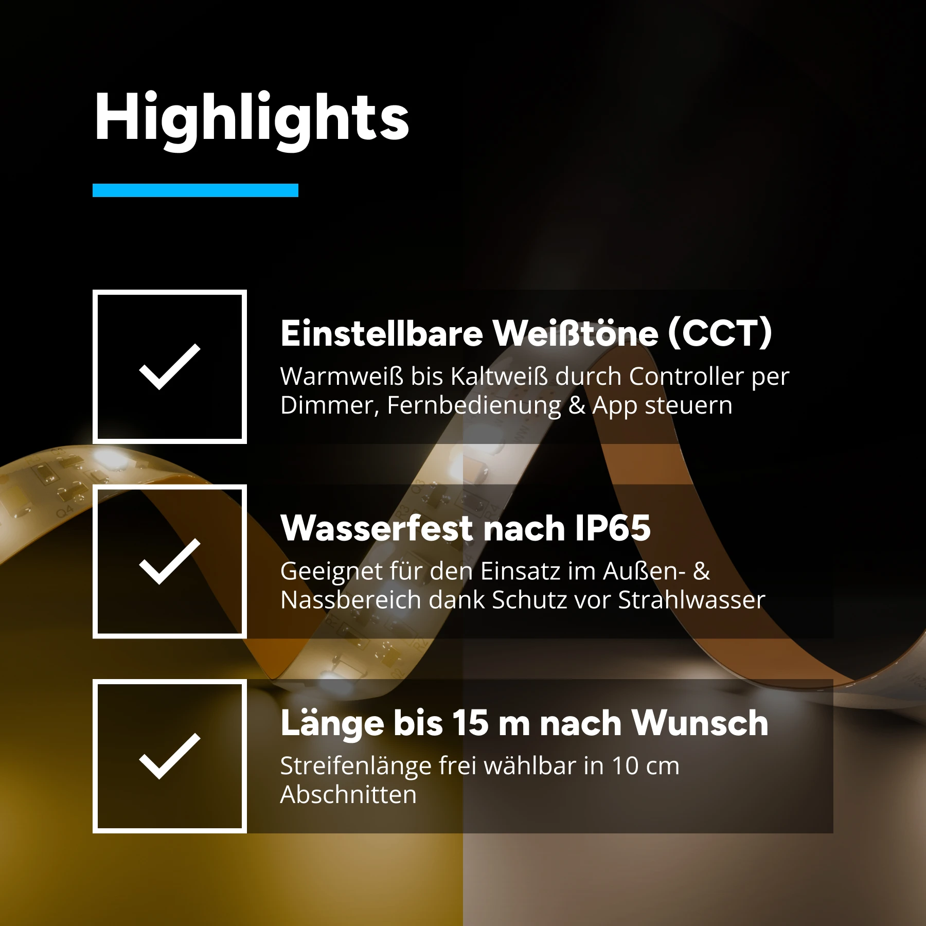 24V wasserfester LED Streifen - einstellbare Farbtemperatur - IP65 - 120 LEDs je Meter - alle 10cm teilbar - 10cm - 12 LED Chips - 1,2 Watt - 100 Lumen - 15cm Eingangskabel mit offenen Enden