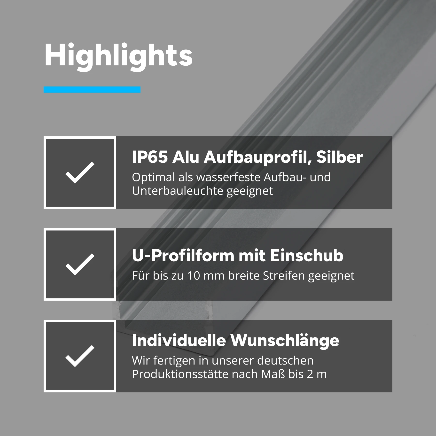 Aluminium LED Aufputz Profil, wasserfest, diffuse Abdeckung, 1,8 x 1,1 x 15cm - ohne Endkappen