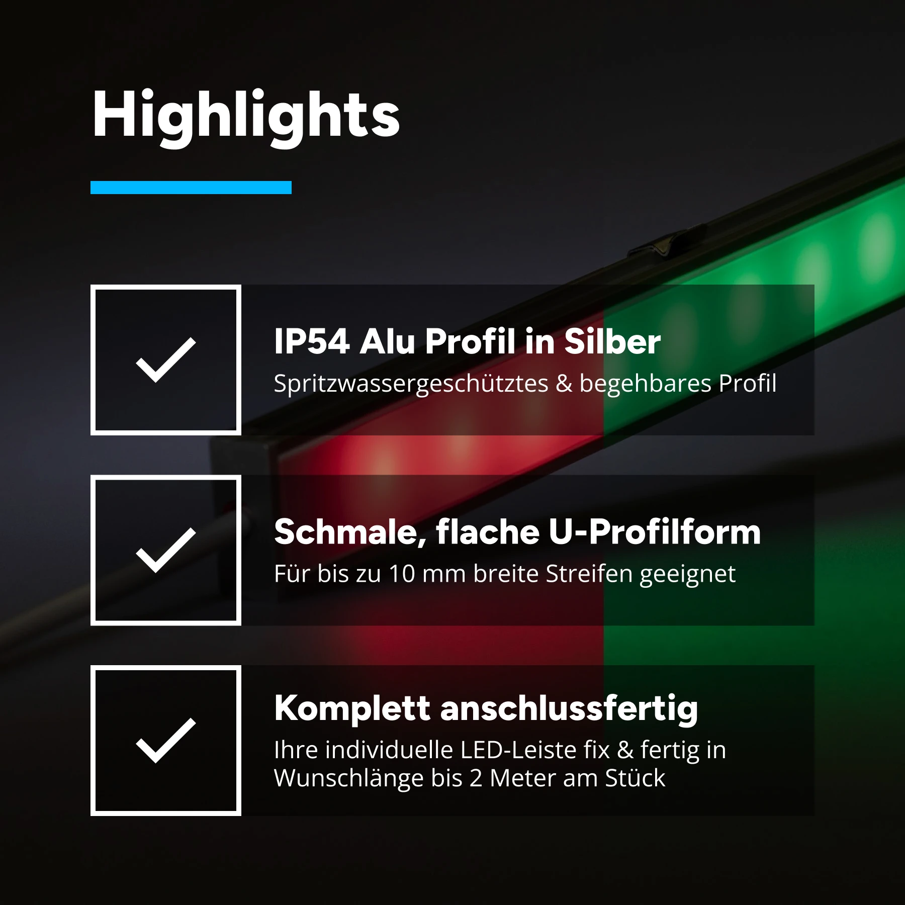 24V spritzwassergeschütze Aluminium LED Leiste – RGB – diffuse Abdeckung - IP54 - 13 cm mit 7 SMD LEDs - 1 Watt - 70 Lumen - 100cm Eingangskabel mit offenen Enden - ohne Ausgangskabel (geschlossene Endkappe)