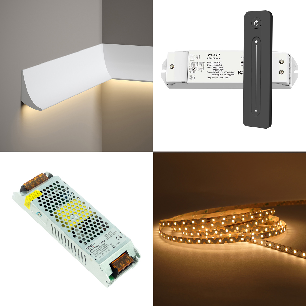 Stuckleisten Set, Wandleiste, Stuckprofil mit 48V LED Streifen, Fernbedienung und Netzteil