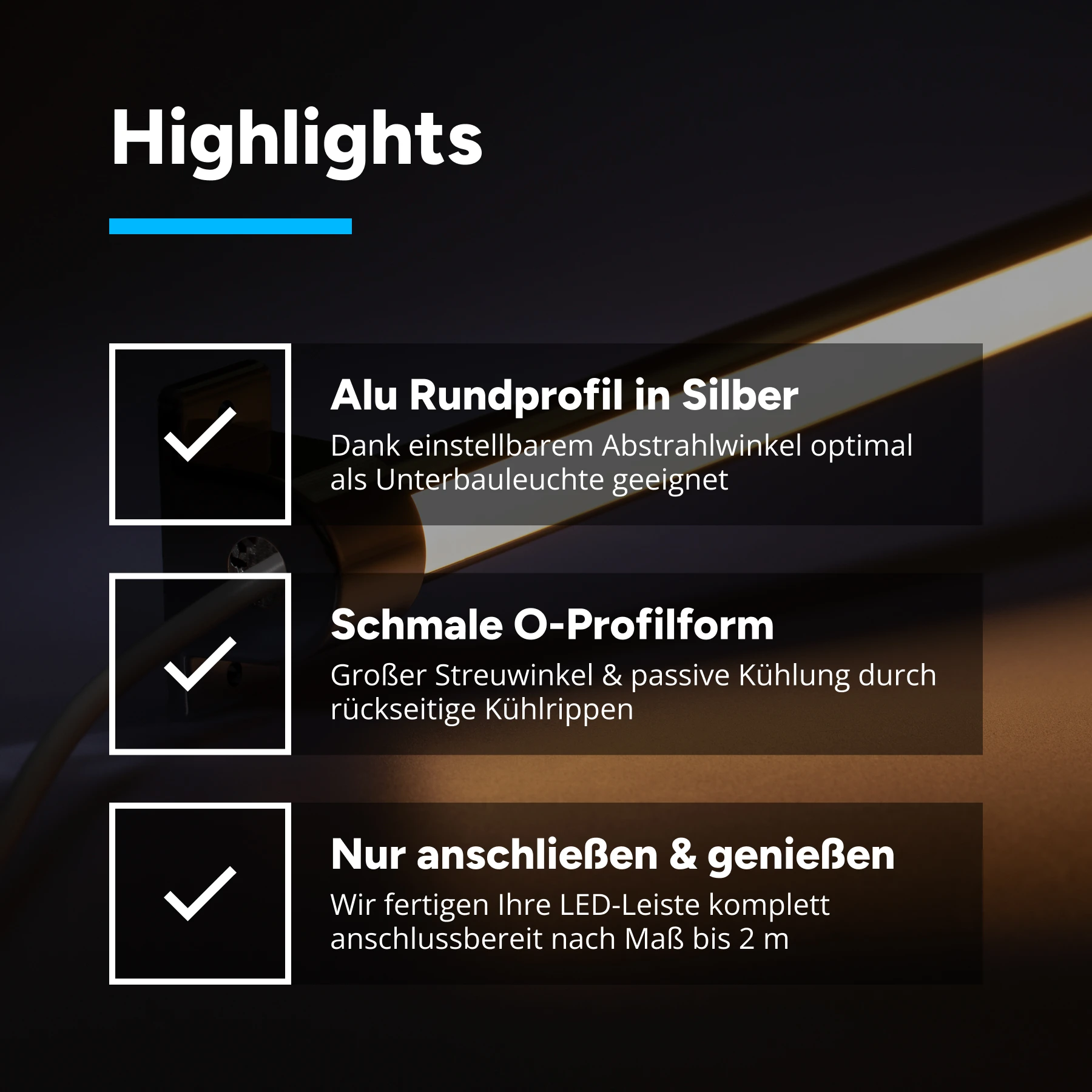 24V wasserfeste Aluminium LED Leiste - einstellbare Abstrahlrichtung - warmweiß - diffus - IP65 - 23cm - 28 LEDs - 4 Watt - 440 Lumen - 100cm Eingangskabel mit offenen Enden - ohne Ausgangskabel (geschlossene Endkappe)