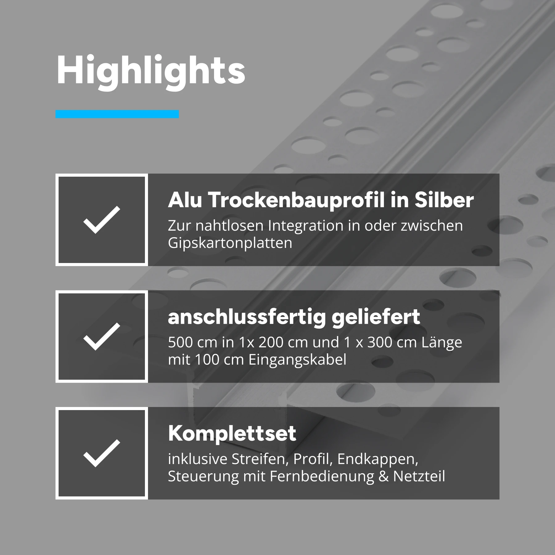 5m Aluminium Unterputz Profil mit 24V COB LED Streifen, Drywall Slim Weiß variabel - 2700K - 6000K ohne Netzteil und ohne Fernbedienung