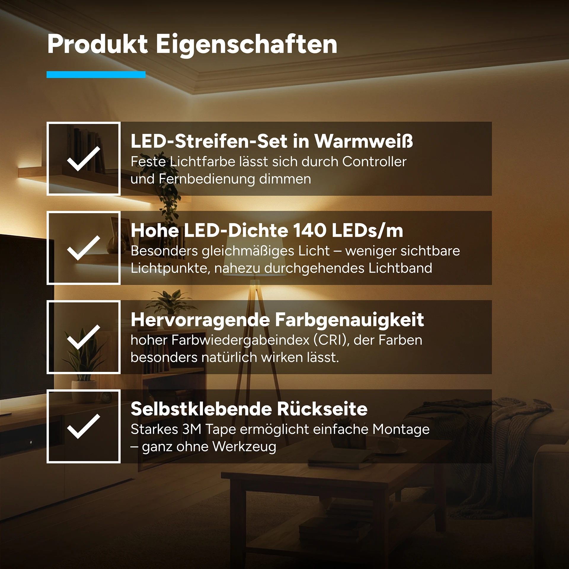 24V LED Streifen Set, 500 cm, Lichtfarbe warmweiß, mit Netzteil und weißer Fernbedienung