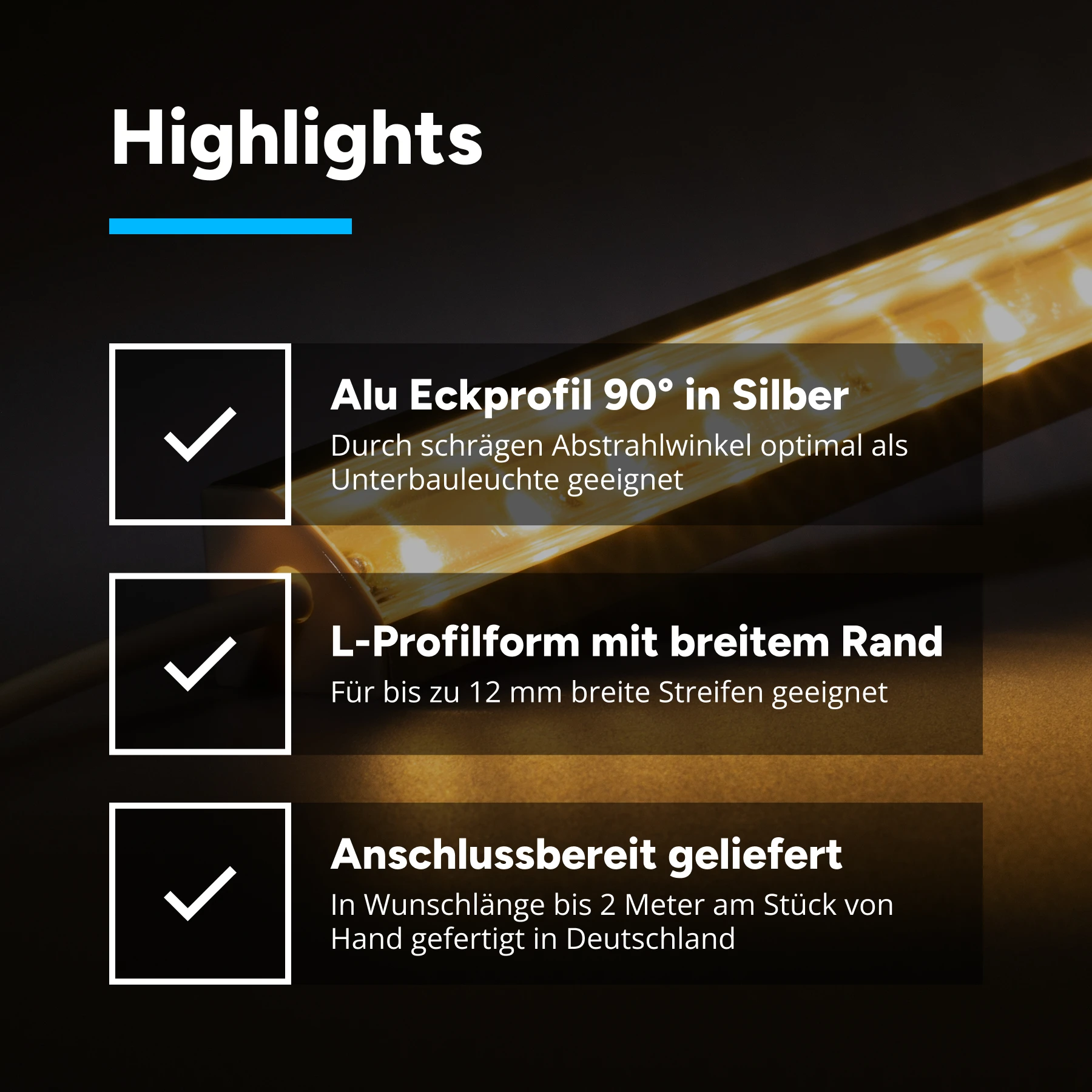 12V Aluminium LED Eckleiste - High Power - warmweiß - transparente Abdeckung - 33cm - 36 High Power LEDs - 5,7 Watt - 854 Lumen - kein Anschlußkabel zum Netzteil - mit Ausgangskabel ( zum Anschluss einer weiteren LED- Leiste )