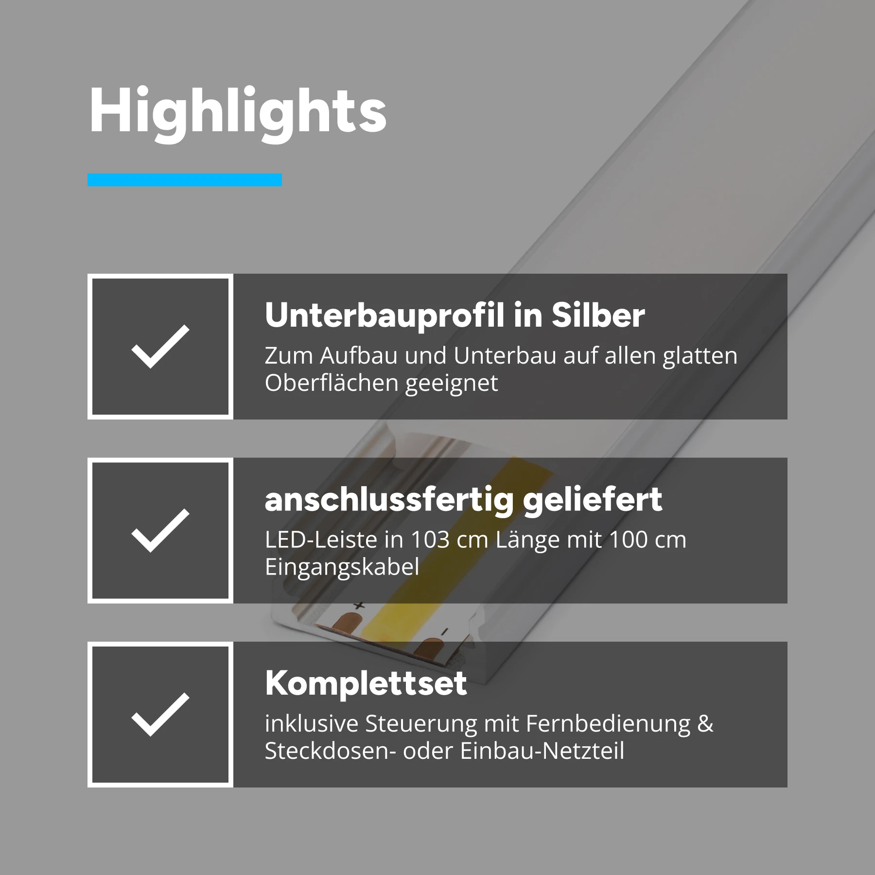 12V LED Leisten Set mit Fernbedienung und Netzteil, 103cm Länge, Lichtfarbe warmweiß mit Steckdosen Netzteil
