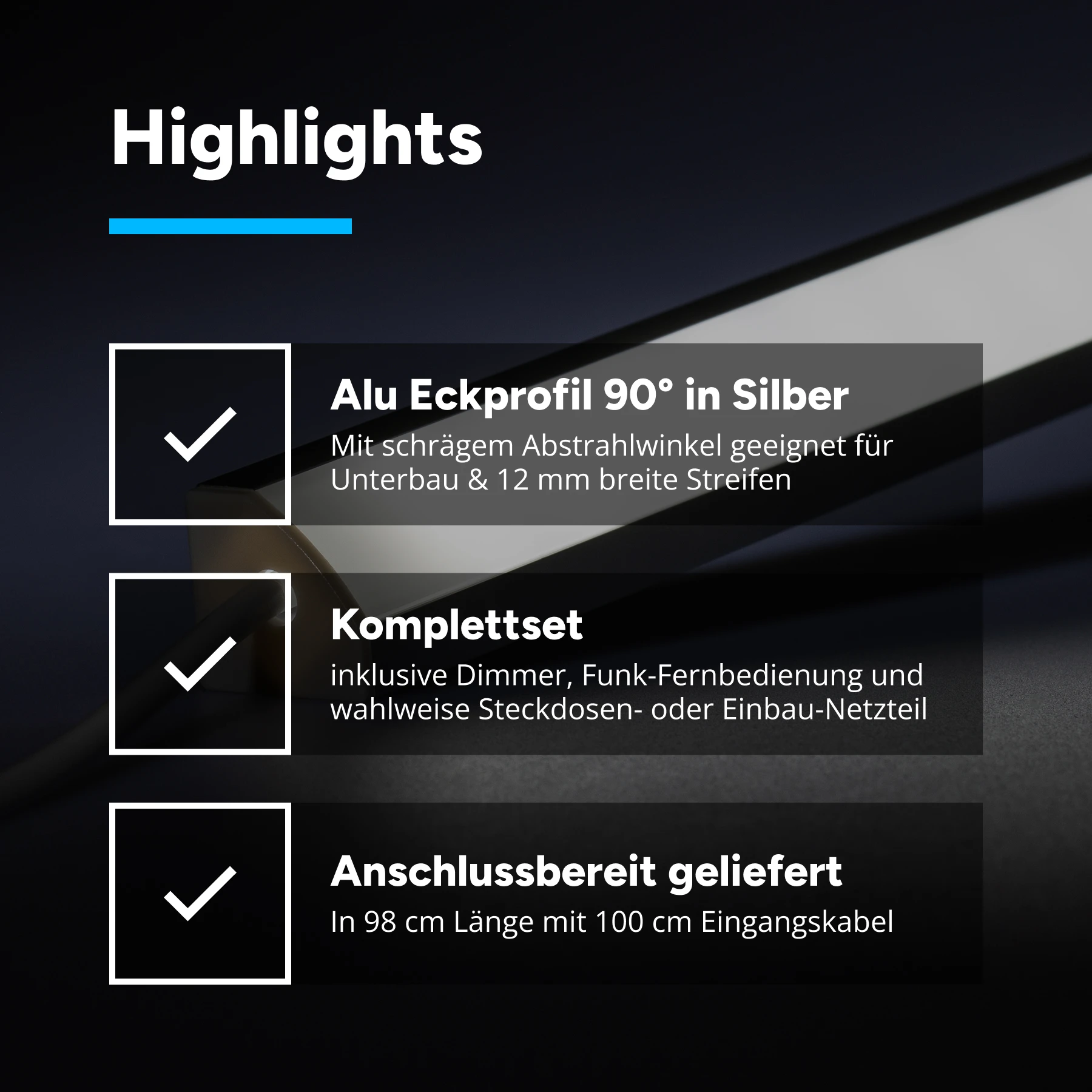 24V LED Eckleisten Set mit Fernbedienung und Netzteil, 98cm Länge, Lichtfarbe weiß mit Einbaunetzteil