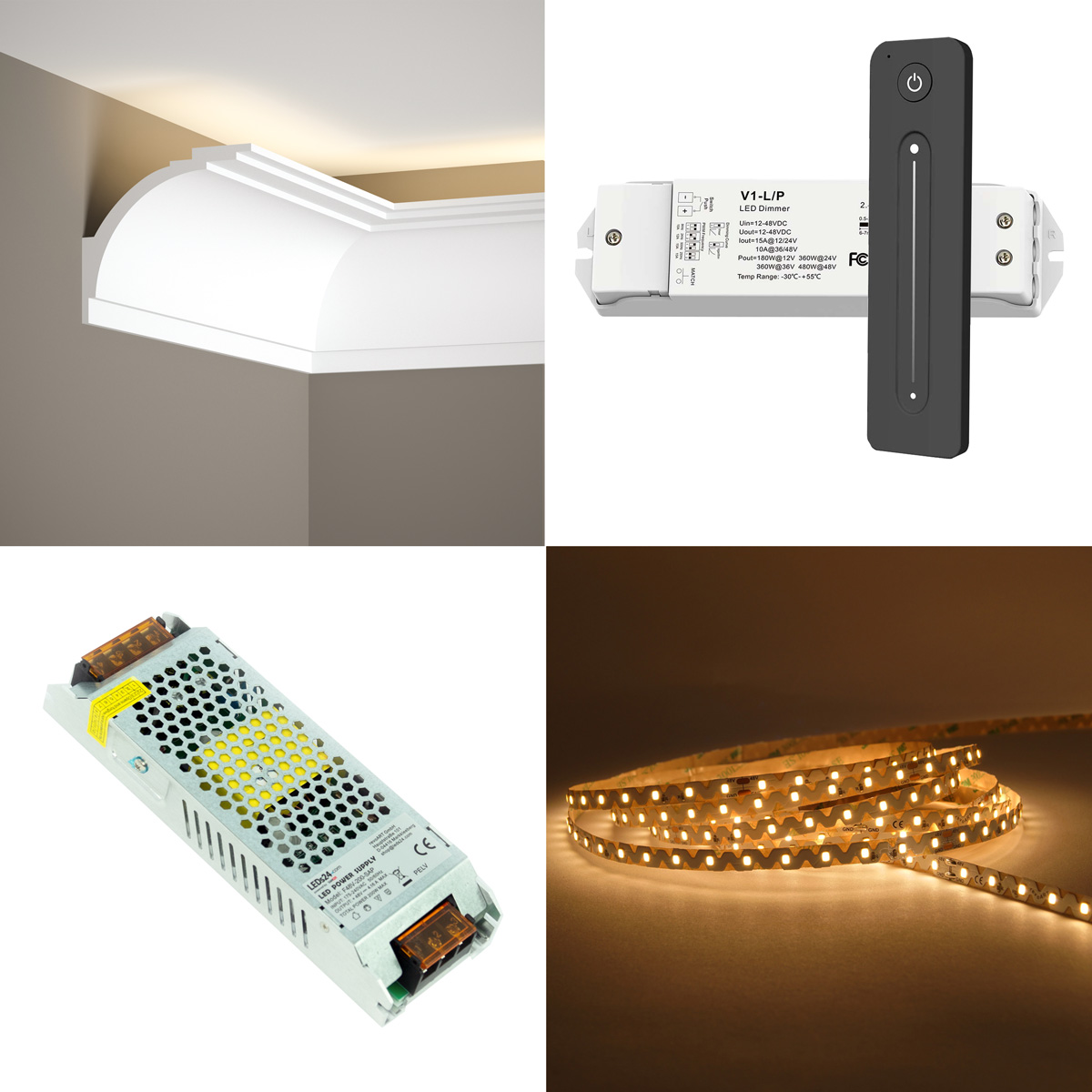 Stuckleisten Set, Deckenleiste indirekt, Stuckprofil mit 48V LED Streifen, Fernbedienung und Netzteil