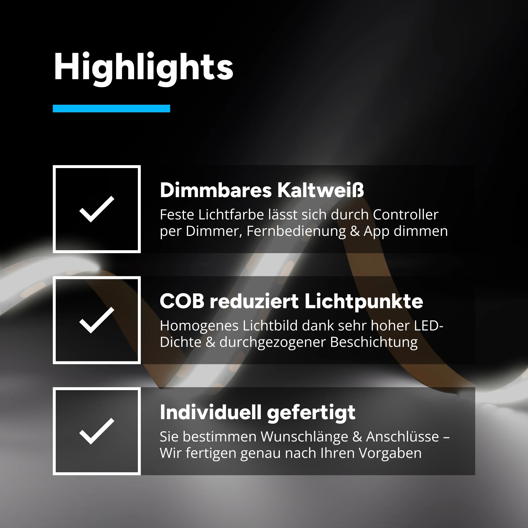 24V COB LED Streifen - weiß  - alle 1cm teilbar - 10mm breit - 428cm - 2568 LED Chips - 77 Watt - 6548 Lumen - ohne Steckerbuchsen 2polig - 100cm Anschlußkabel zum Netzteil