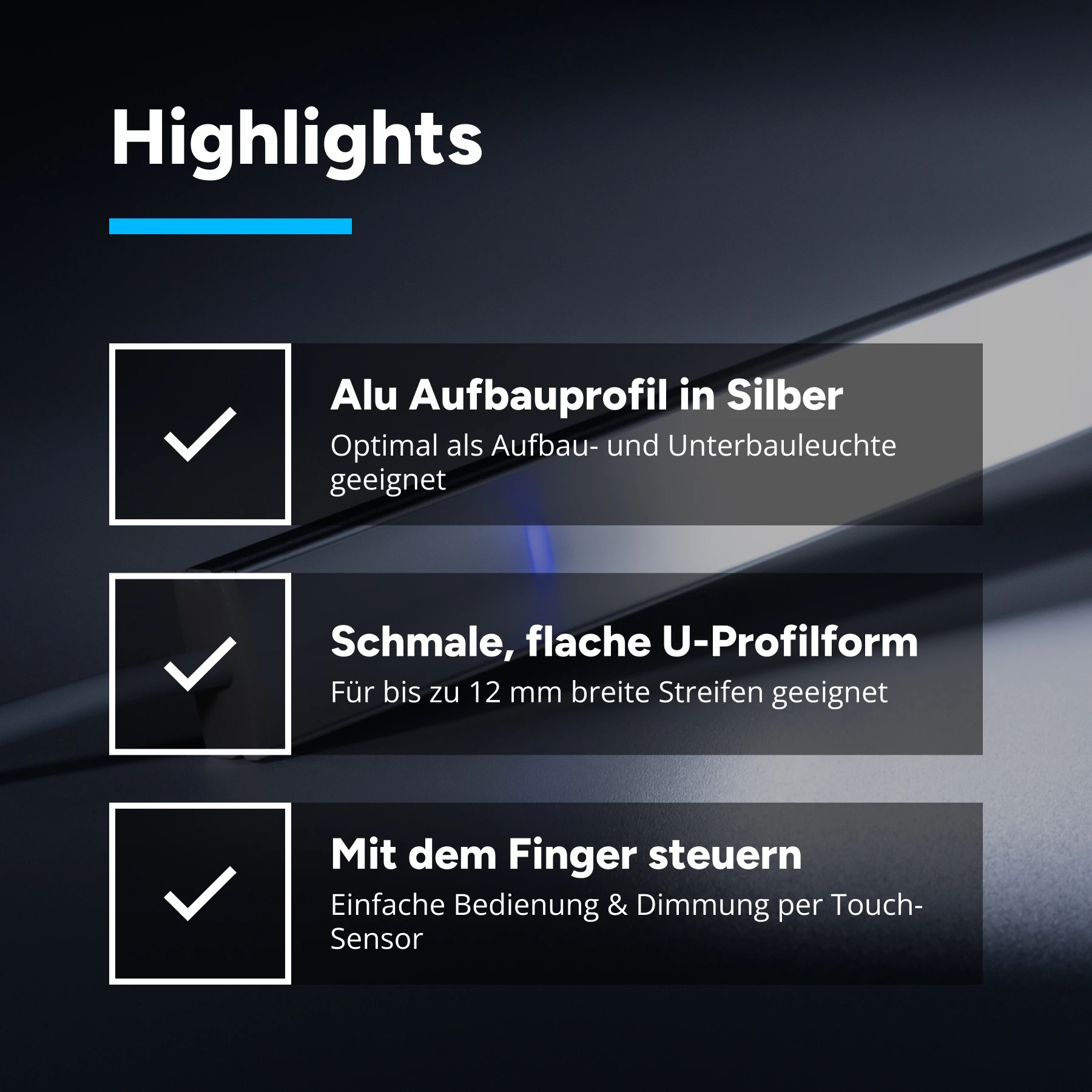 24V Touch Aluminium LED Leiste - weiß - diffuse Abdeckung - kein Anschlußkabel zum Netzteil - mit Ausgangskabel (zum Anschluss einer weiteren LED Leiste) - 37cm - 144 LEDs - 3,6 Watt - 360 Lumen