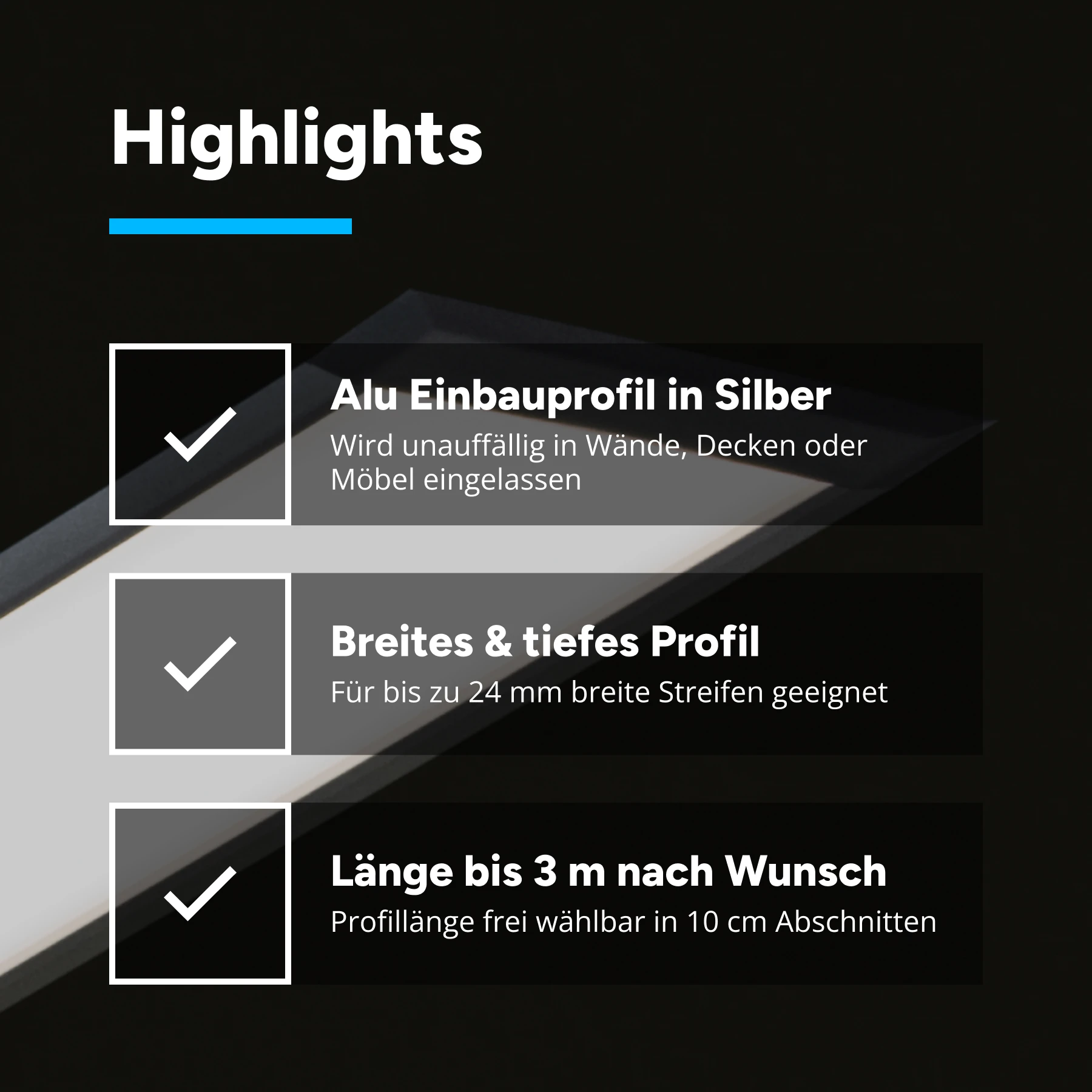 24V Aluminium LED Einbauleuchte - weiß - linear - diffuse Abdeckung, bis 3m Länge - 37cm - 80 High Power LEDS - 6,4 Watt - 1063 Lumen - ohne Netzteil