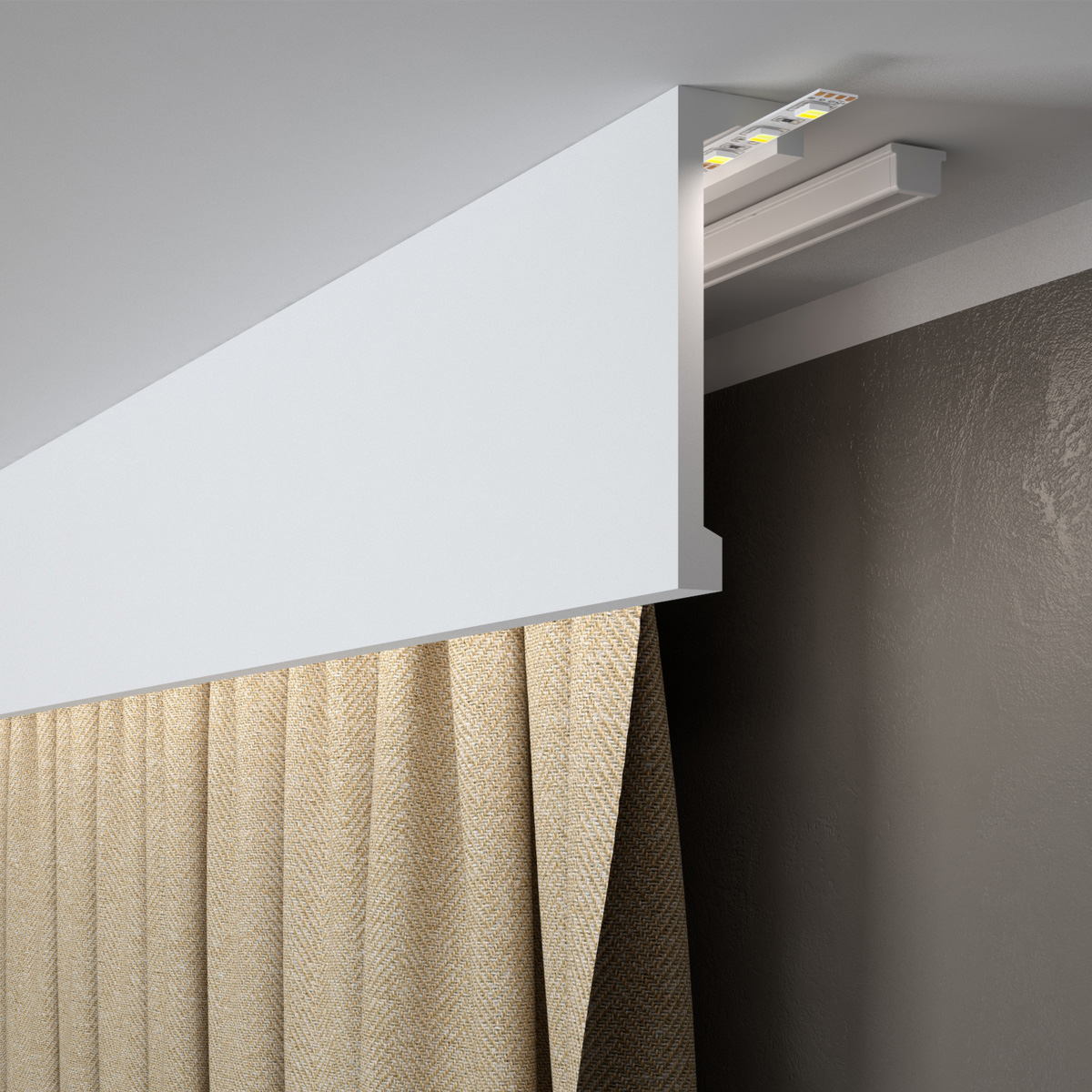 Lichtvouten Set, Blende Gardinenschiene, Stuckprofil mit 48V LED Streifen, Fernbedienung und Netzteil - 2 Meter fortlaufend - Warmweiß 2700K