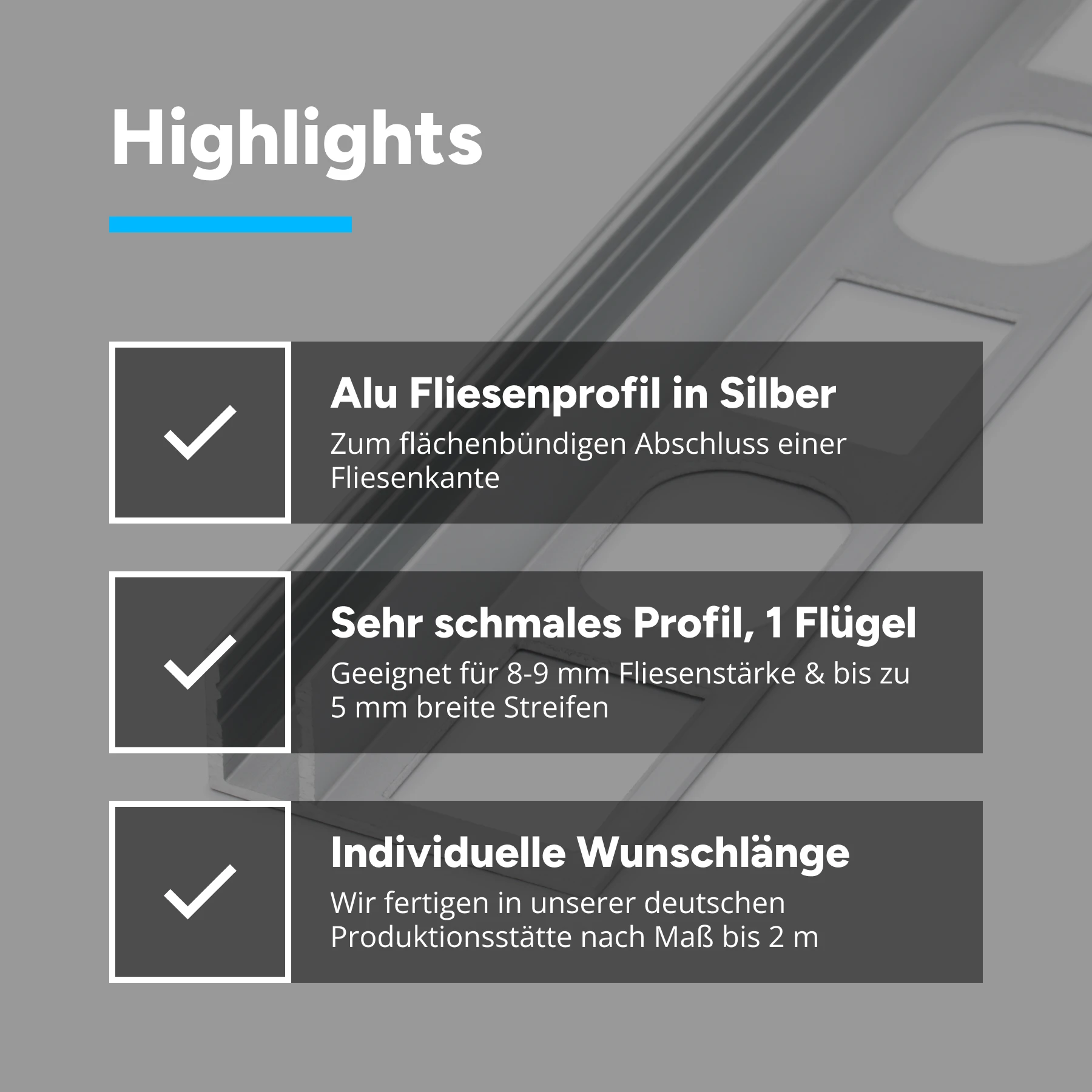 Aluminium LED Profil Fliesenabschluss, schmal, 2,78 x 1,1 x 42cm - ohne Abdeckung - 2er Set - einseitig mit Loch