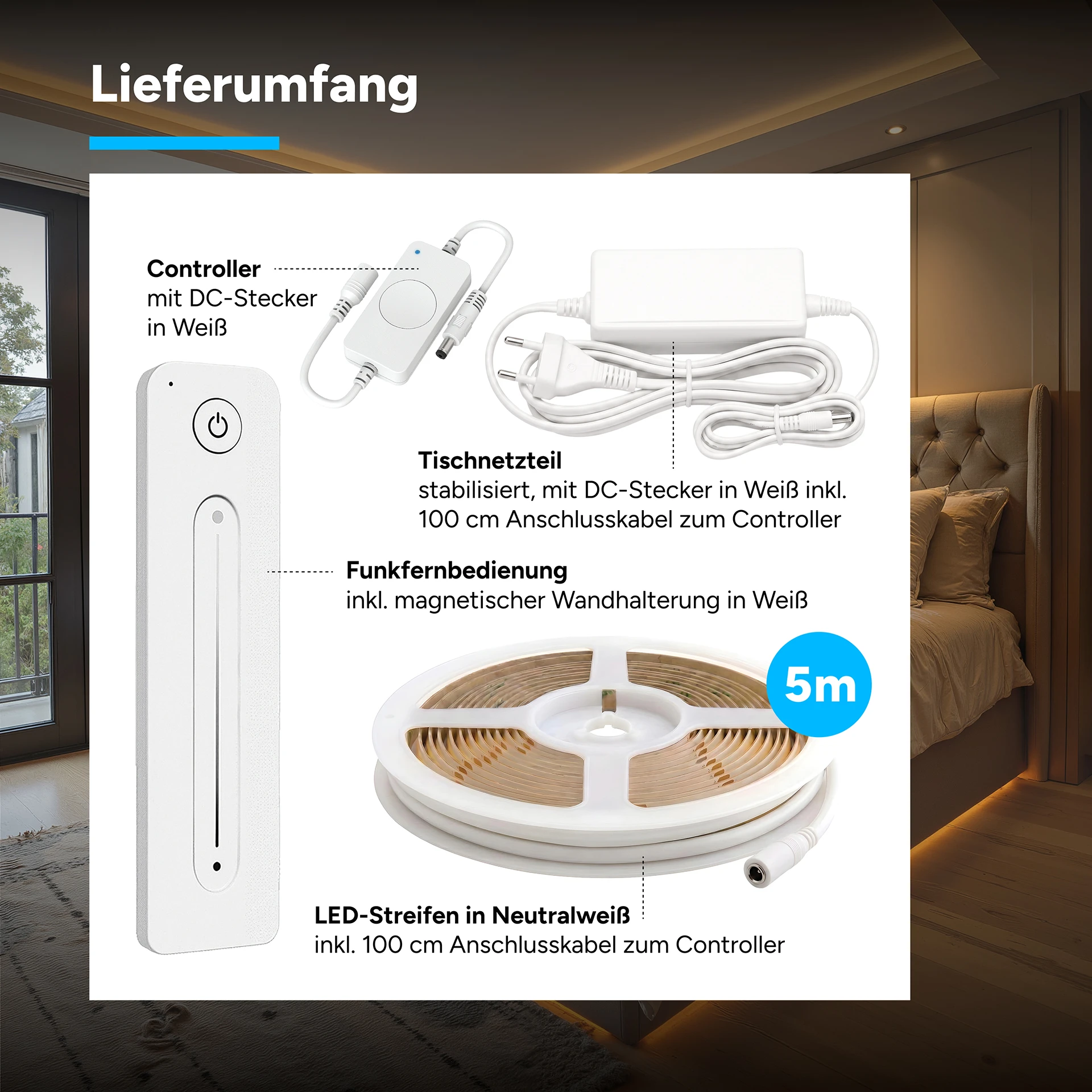 24V LED Streifen Set, 500 cm, Lichtfarbe neutralweiß, mit Netzteil und weißer Fernbedienung
